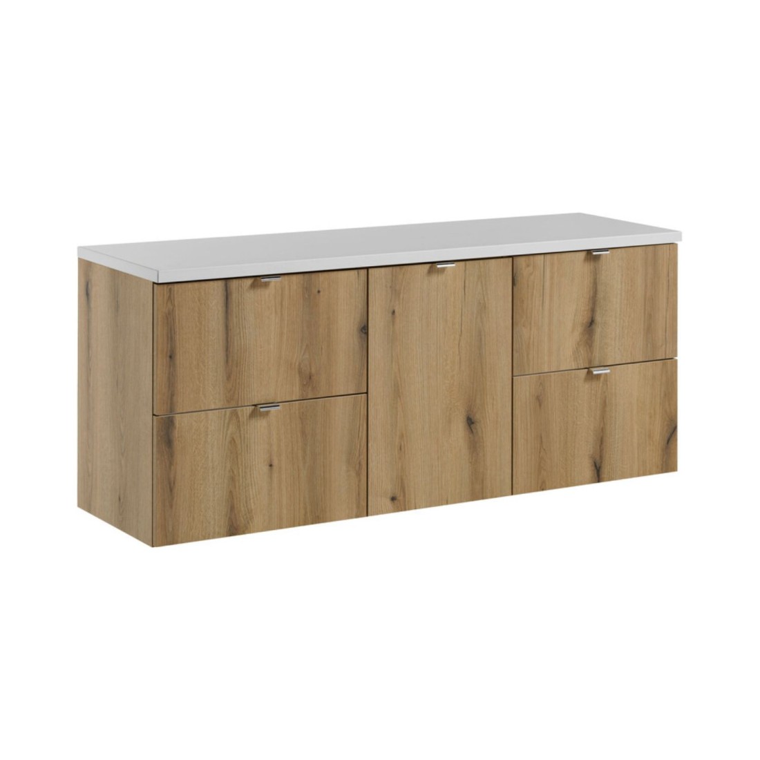 Ensemble De Salle De Bain Vano Aspect Chêne Et Blanc 140cm: Meubles Sous Vasque À Tiroirs Et Panier À Linge + Plan Pour Vasque