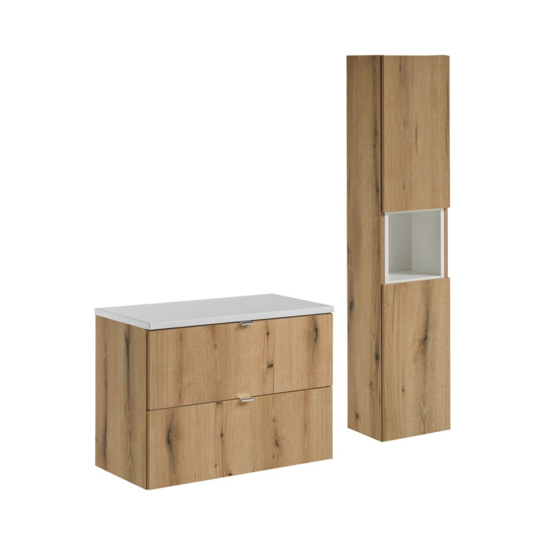 Ensemble De Salle De Bain Vano Aspect Chêne Et Blanc 110cm: Meubles Sous Vasque À Tiroirs + Plan Pour Vasque + Colonne