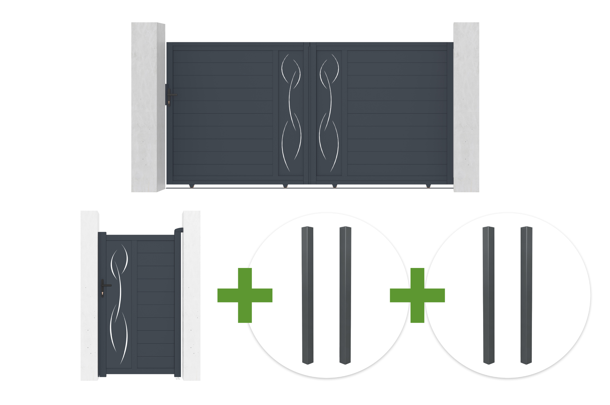 Portail Coulissant 3,5m Life H.180cm Aluminium Gris + Portillon 1m Life H.180cm Aluminium Gris + 4 Poteaux Elda