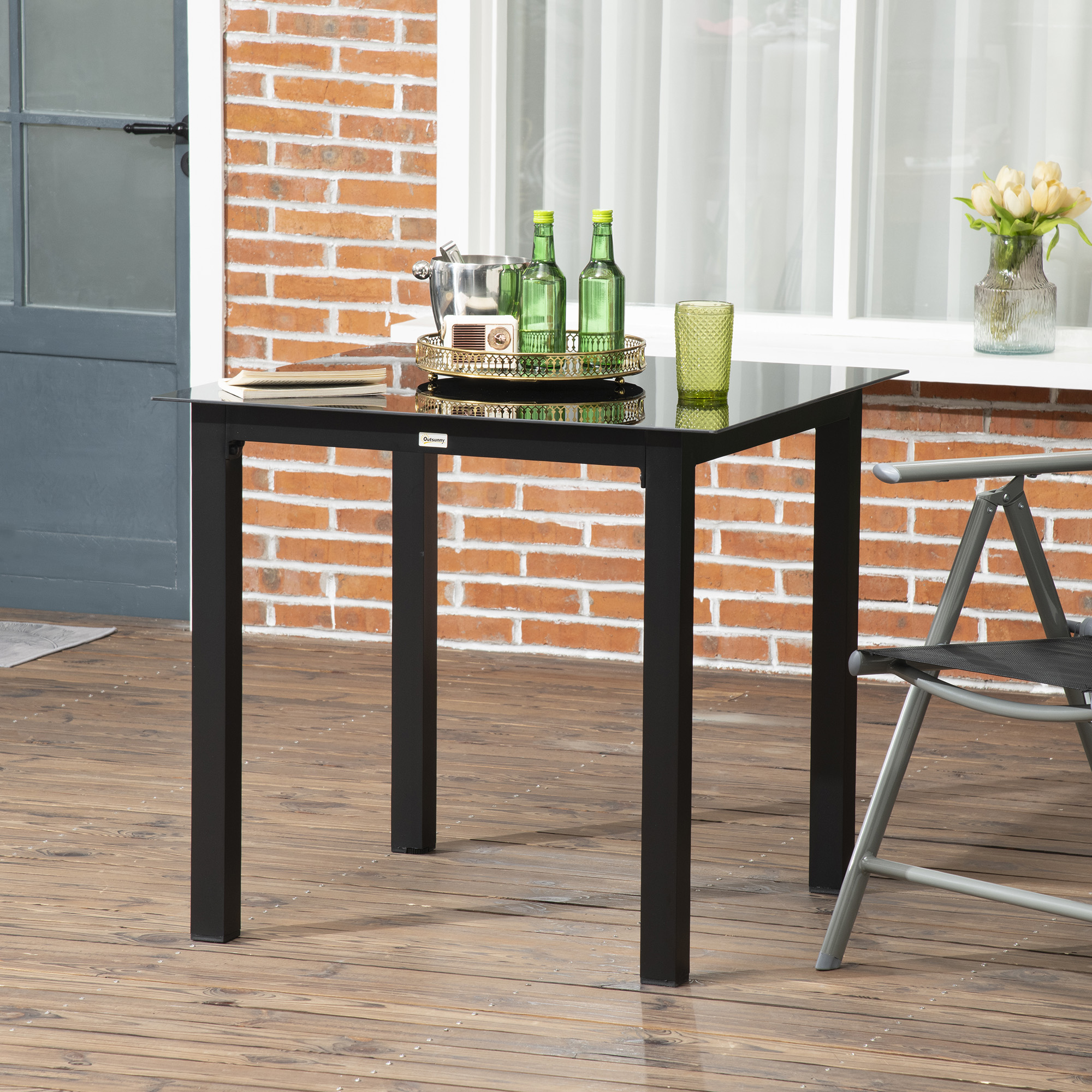Redom Table De Jardin 80x80x74 Cm, Pour 4 Personnes, Plateau En Verre Trempé 5 Mm, Aluminium Noir