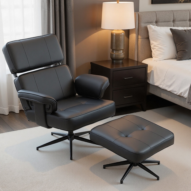 Fauteuil Relax Avec Repose-pieds, Appuie-tête Réglable, Similicuir Noir