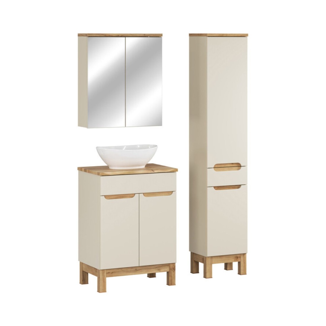 Ensemble Ermano Cachemire 95cm: Meuble Sous Vasque + Plan Pour Vasque Biseauté + Vasque À Poser + Rangements Avec Miroirs