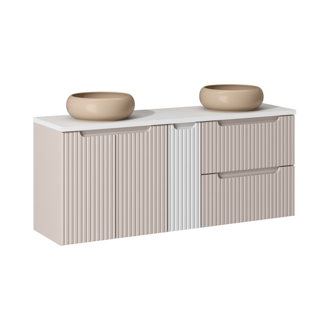 Ensemble Vano Cachemire Et Blanc 140cm: Meubles Sous Vasque À Tiroirs Et Placards + Vasques À Poser Marron Cappuccino