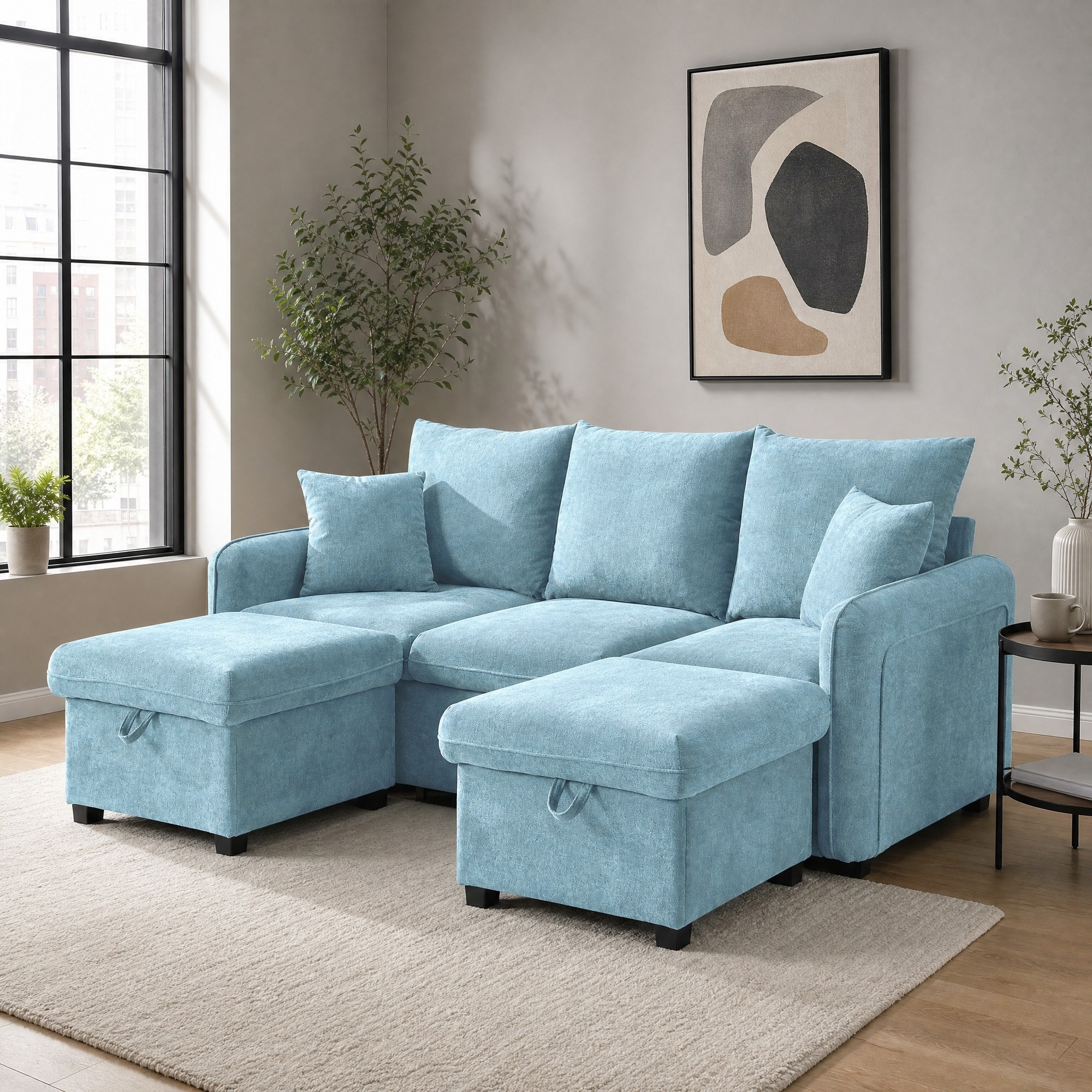 Canapé D'angle U 3 Places Modulable Avec Rangement, Chenille Bleue 188 X 186 X 86 Cm, Redom