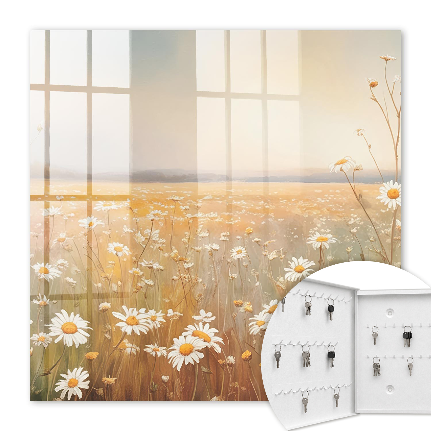 Armoire À Clés - (30 Cm X 30 Cm) - Boîte À Clés Murale - Coffret De Rangement Pour Clés - Couleur Blanche - Ouverture Vers La Gauche - Pour Maison Et Bureau - Prairie Fleurie
