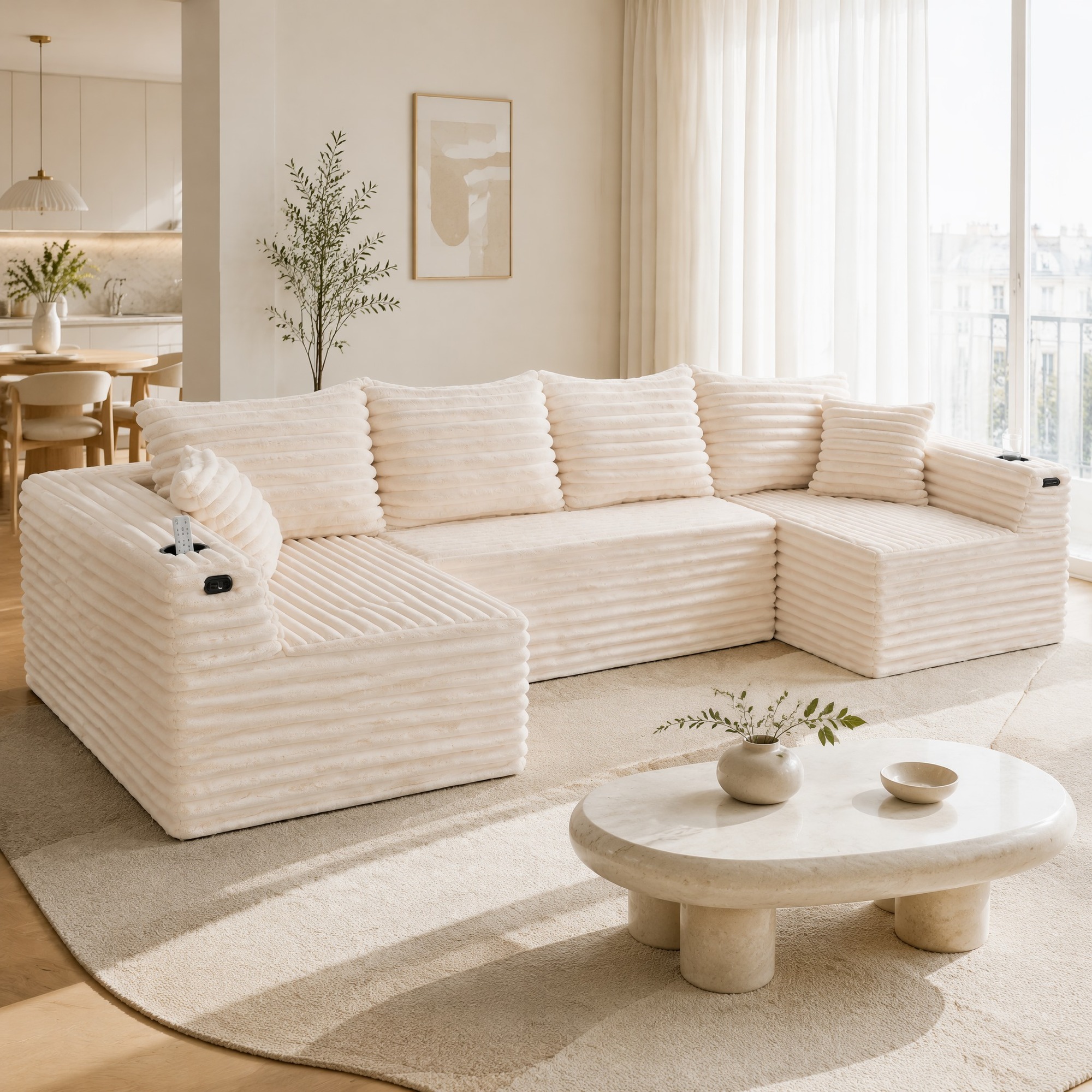 Canapé Modulable U En Corduroy Beige 320 X 155 X 88 Cm Avec Porte-gobelets Et Poche Latérale