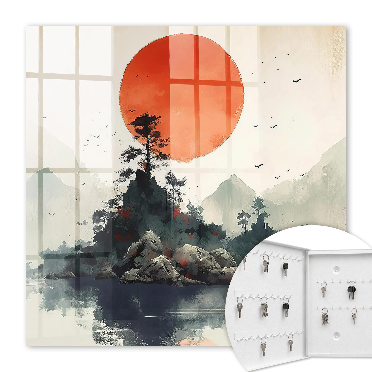 Armoire À Clés - (30 Cm X 30 Cm) - Boîte À Clés Murale - Coffret De Rangement Pour Clés - Couleur Blanche - Ouverture Vers La Gauche - Pour Maison Et Bureau - Paysage De Montagne