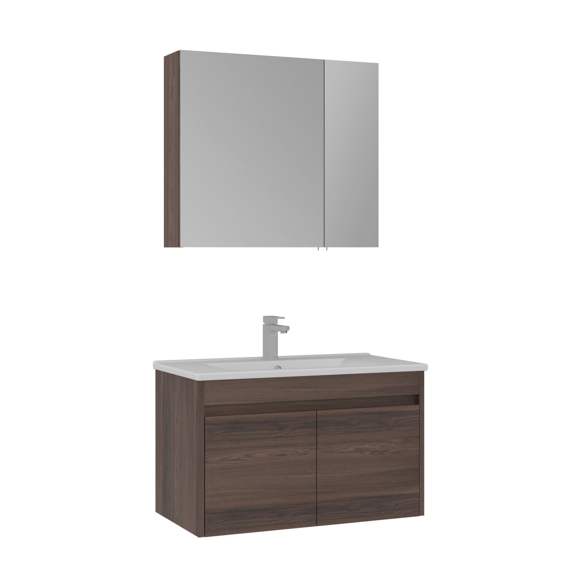 Meuble Avec Simple Vasque Et Miroir "side 100 V3" - 85 X 45 X 52 Cm - Walnut