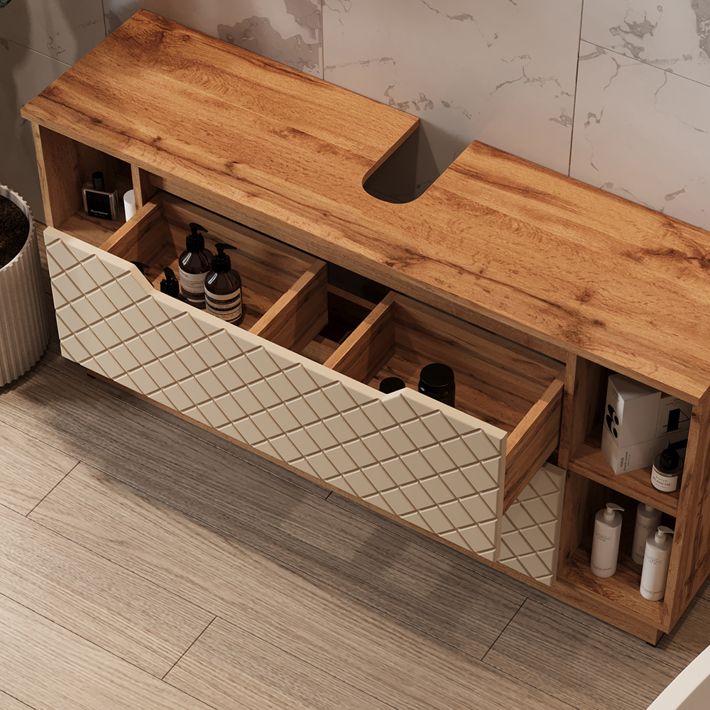 Meuble Sous Vasque Simple Lotta, Chêne/cachemire Avec Structure En Carreaux, 119.2x62.5cm Avec 2 Tiroirs, Vicco