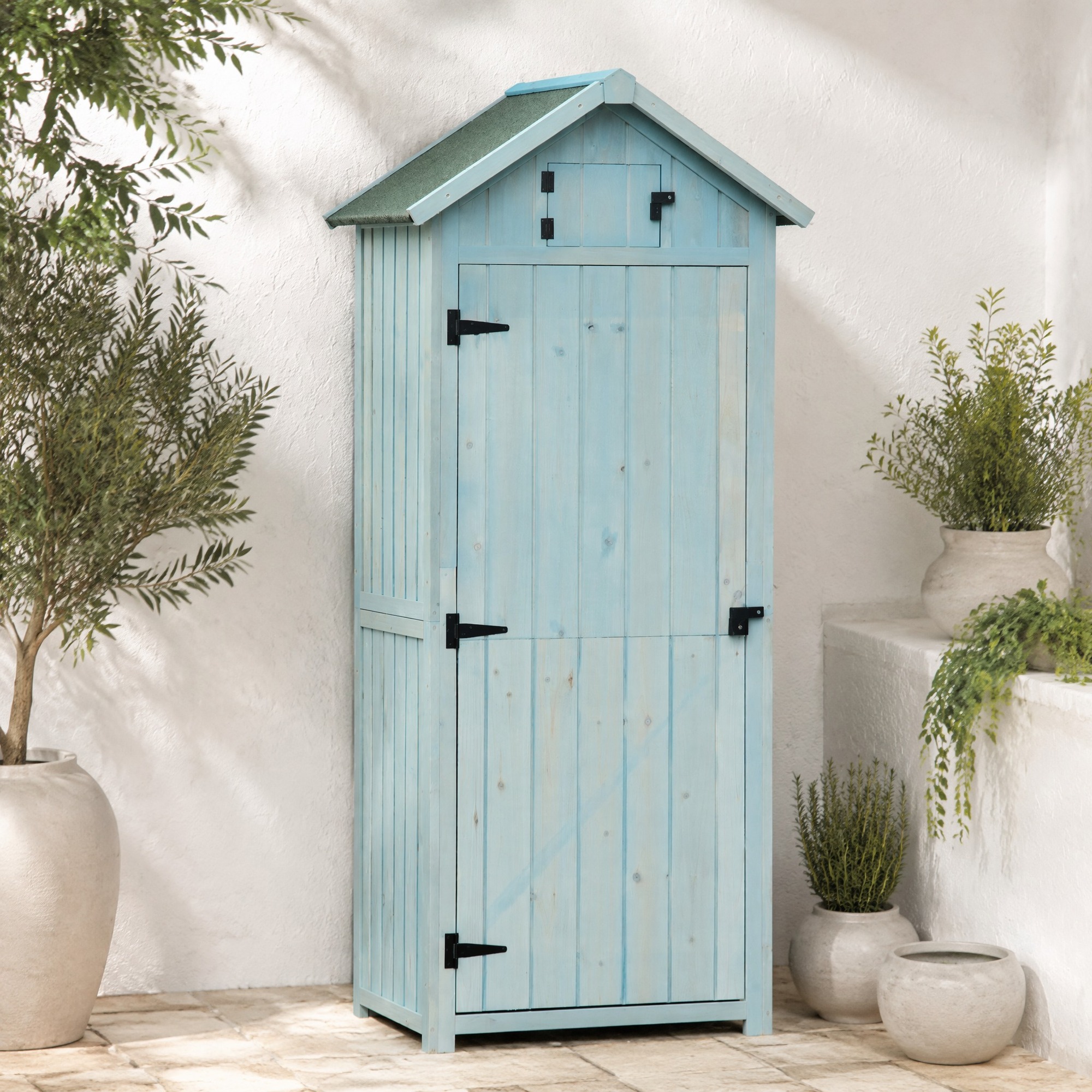 Armoire De Jardin En Bois Avec Étagères Et Fenêtres, 77 X 54,2 X 179 Cm, Bleu Clair