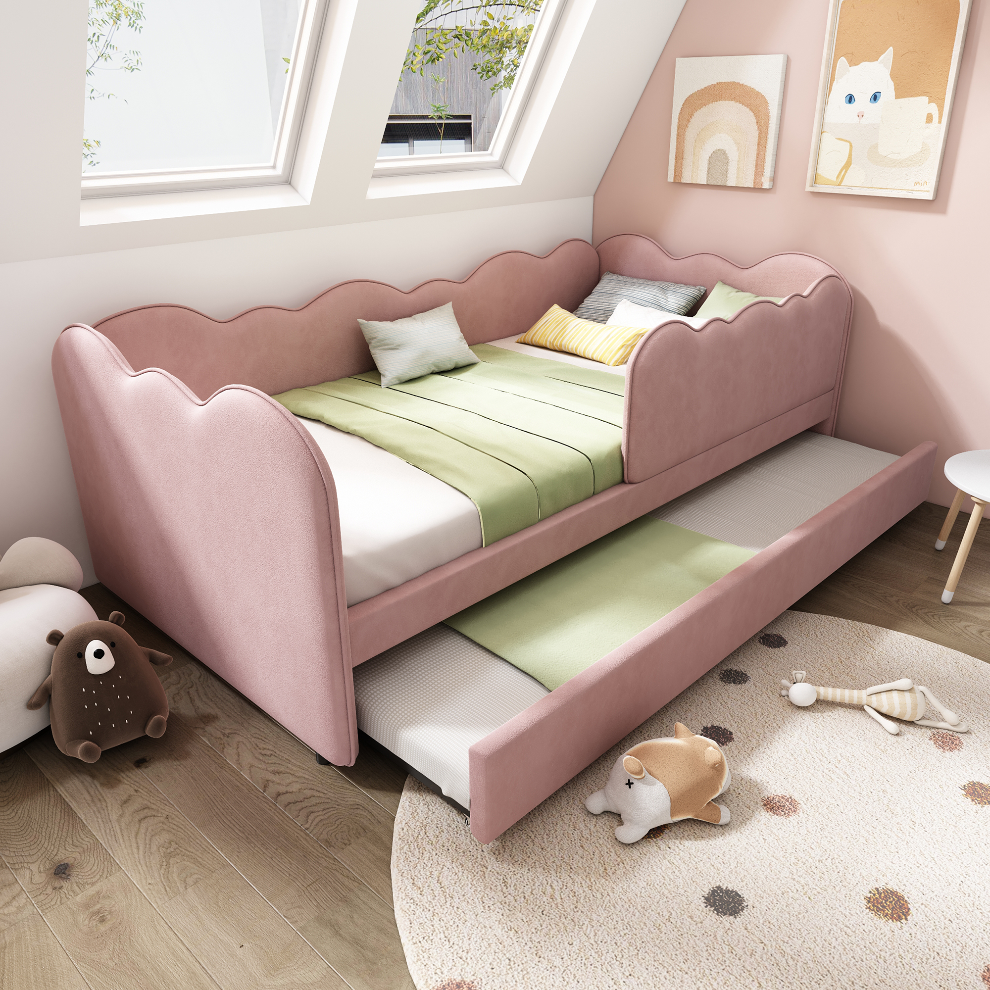 Redom Lit Simple 90x190 Cm Avec Lit Gigogne En Velours Rose Adapté Aux Enfants (sans Matelas)