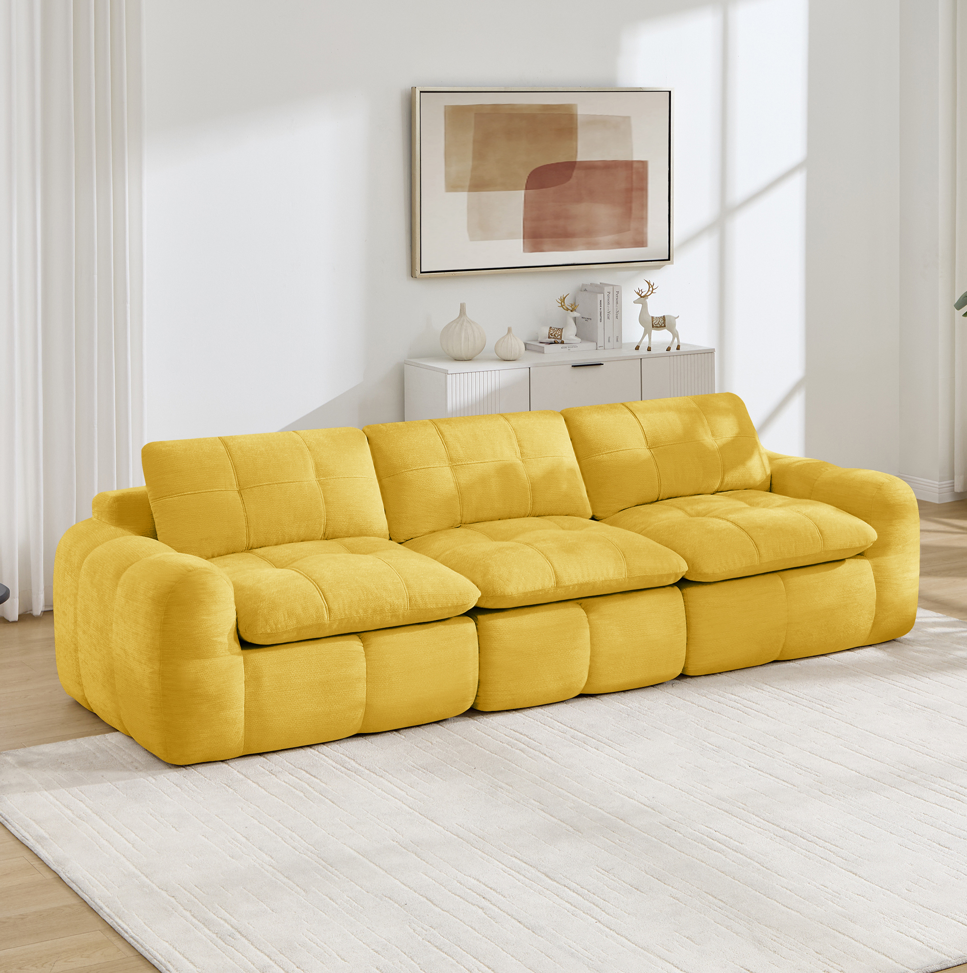 Canapé Modulable 3 Places Sans Cadre, Surpiqûre Carreau, Chenille Jaune, 264x97x68 Cm
