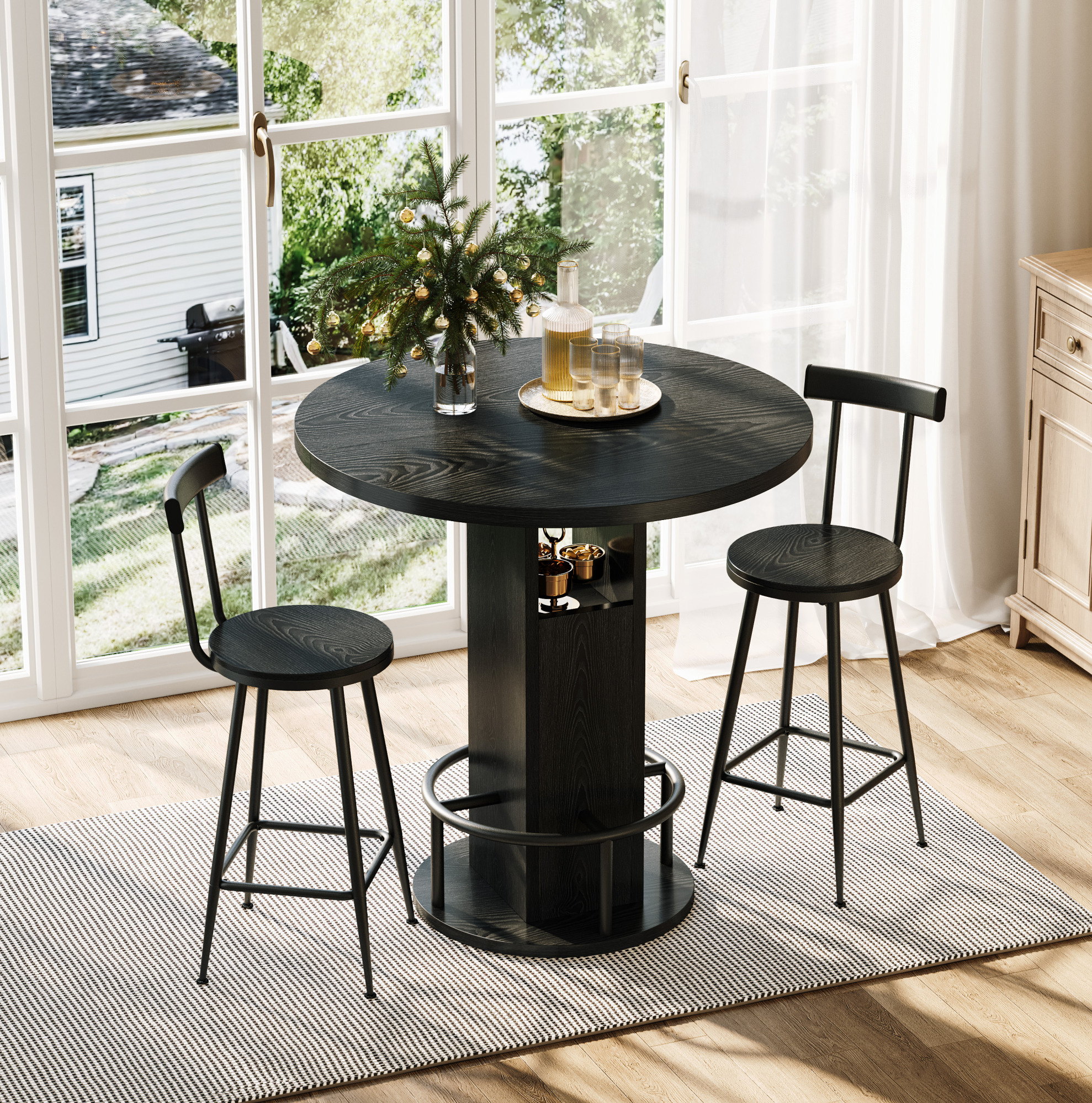 Ensemble Table Haute Ronde 80 Cm Avec 2 Tabourets, 3 Pièces, Panneau De Particules Et Acier, Noir