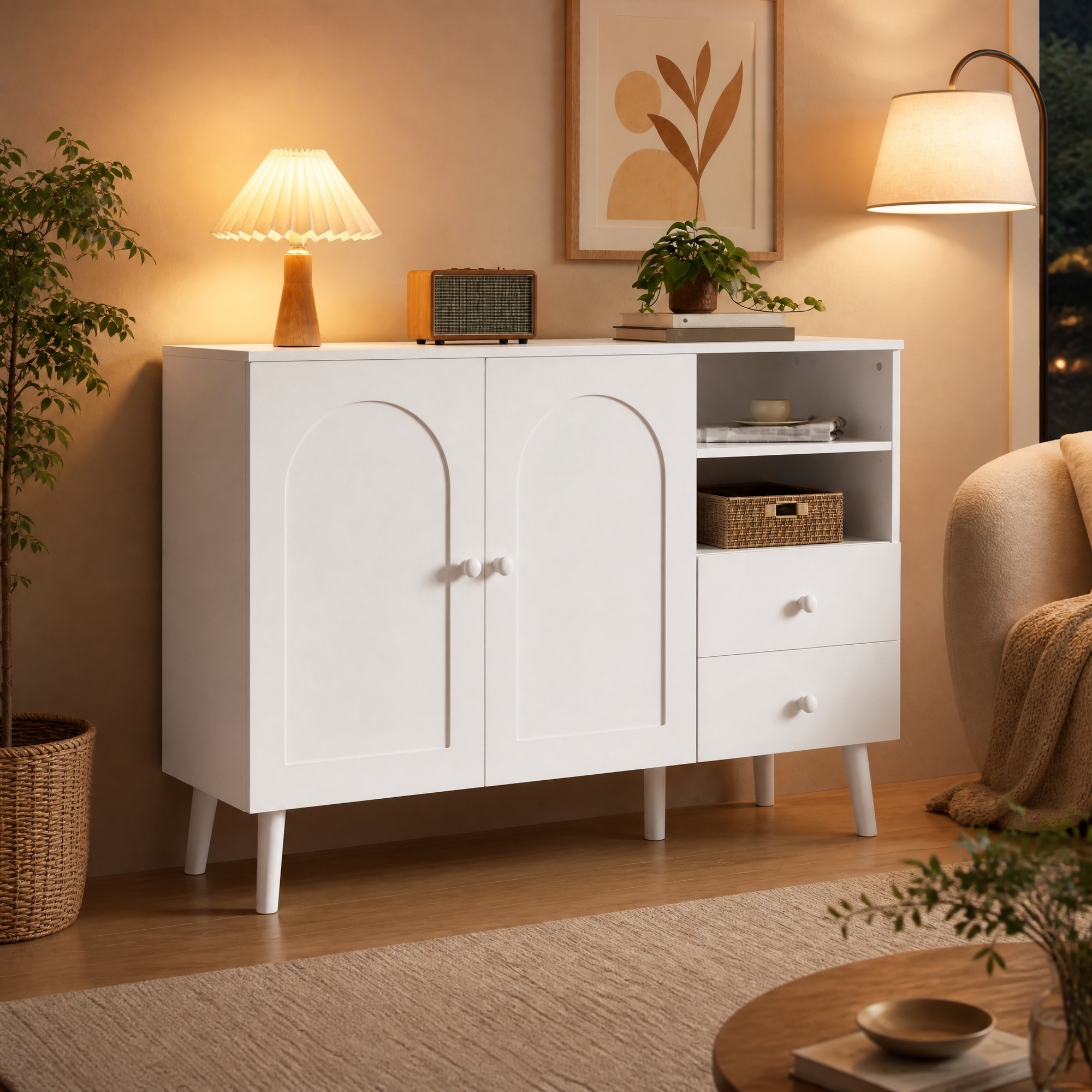 Buffet Blanc Avec Portes Cintrées, 2 Portes, 2 Tiroirs Et Niches Ouvertes, 118 Cm