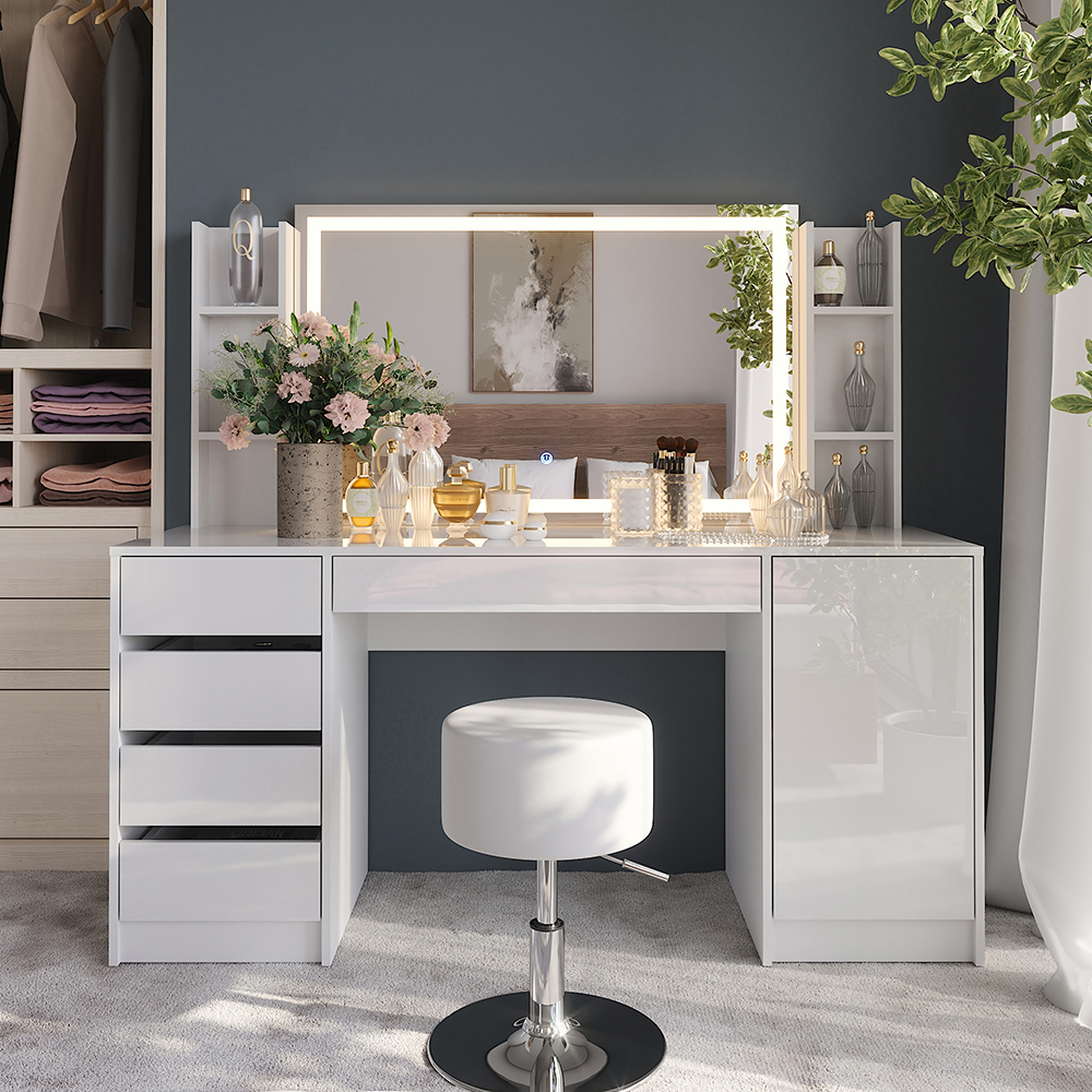 Coiffeuse Sherry, Blanc/blanc Haute Brillance, 158.2cm Avec Miroir Led Et Tabouret, Vicco