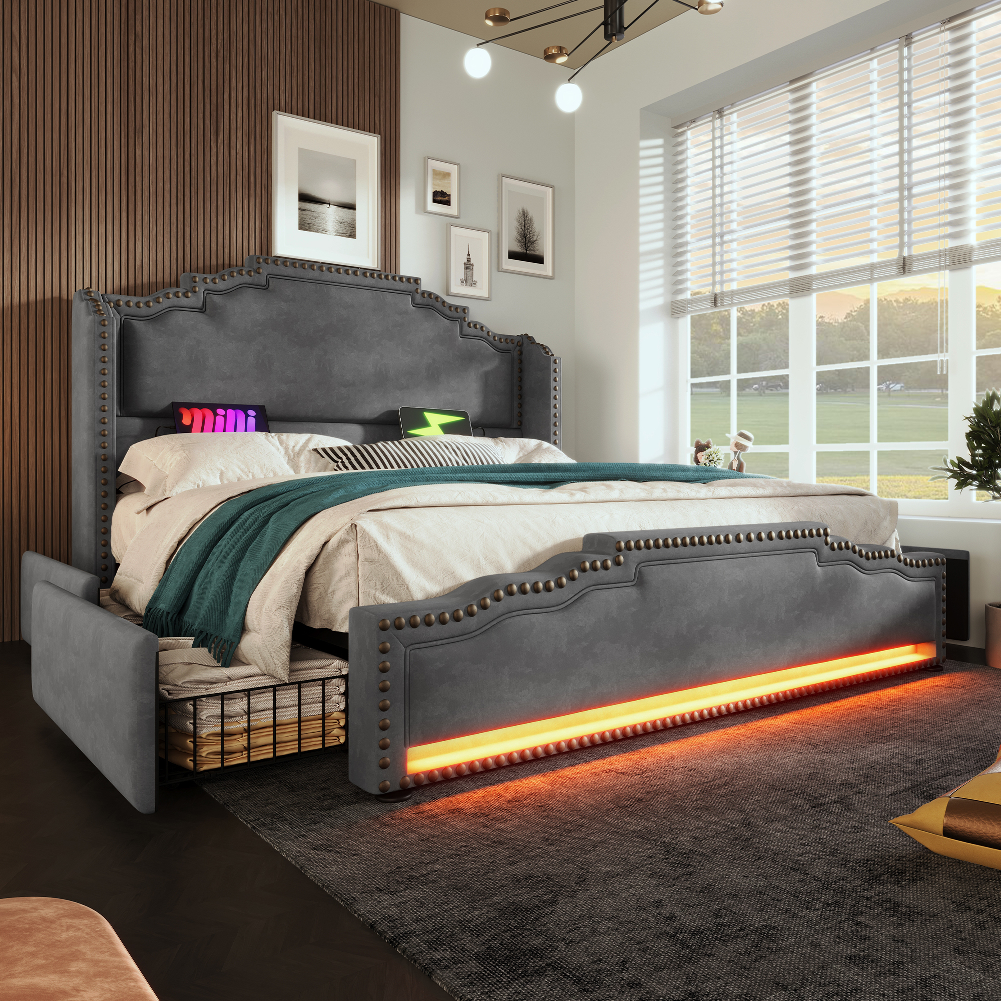 Redom Lit Double 180x200 Cm Avec 4 Tiroirs, Led, Usb Et Type C Velours Gris (sans Matelas)