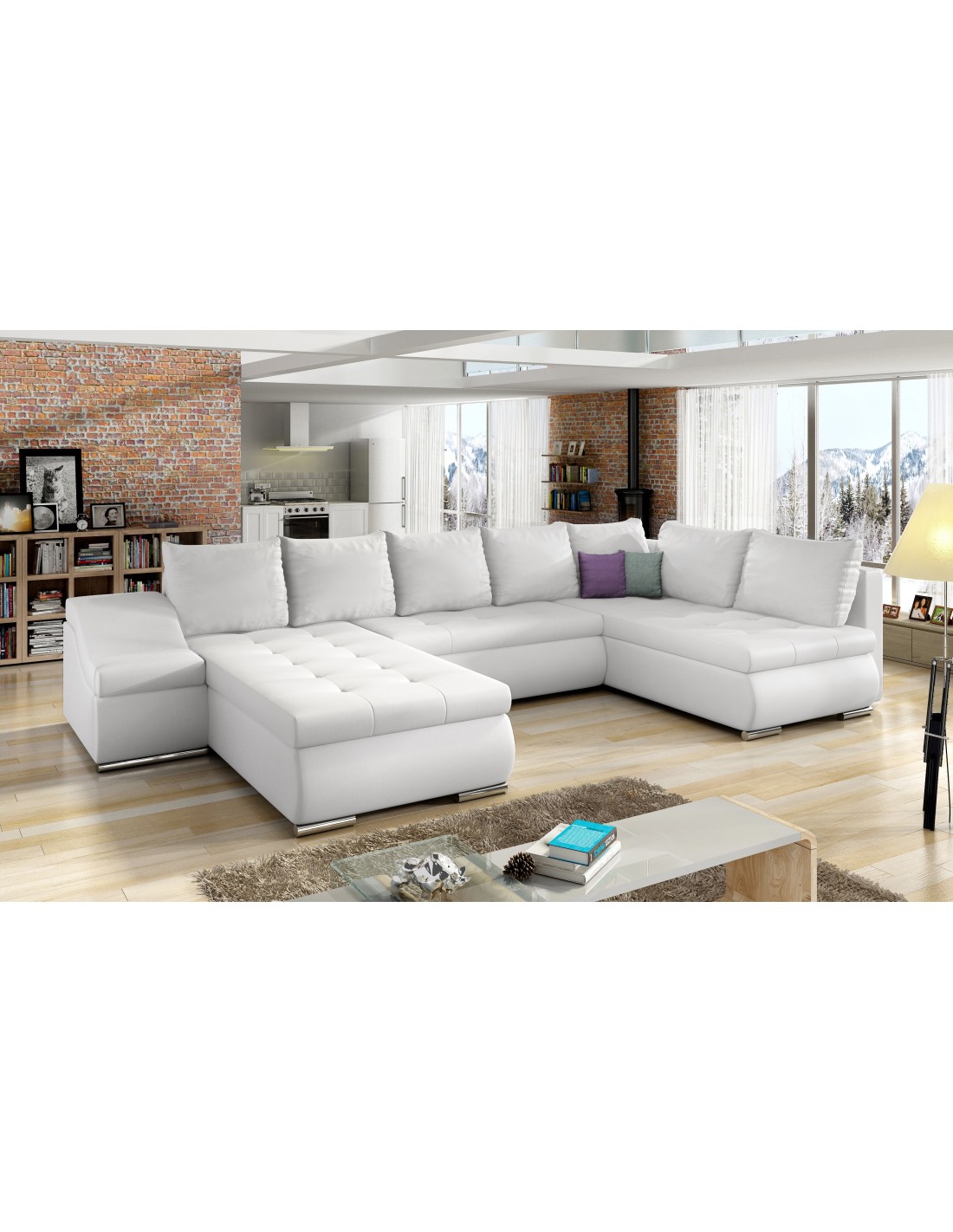 Canapé Panoramique Gyovani Blanc Angle Gauche Convertible Avec Coffre