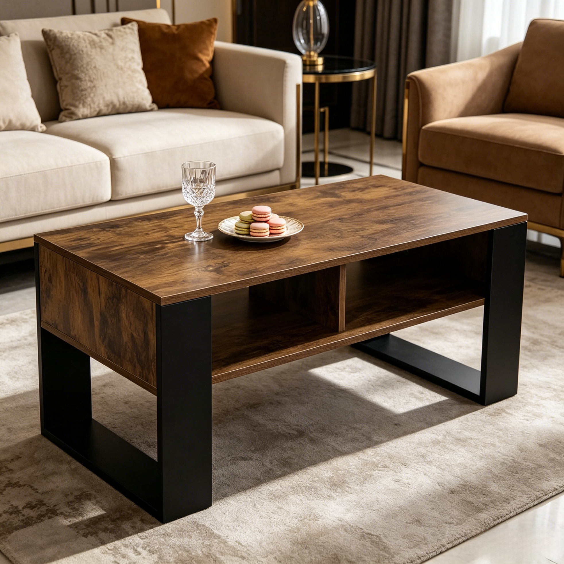 Table Basse De Salon Avec 2 Niches Ouvertes, 90 X 45 X 45 Cm, Bois, Brun Et Noir, Redom