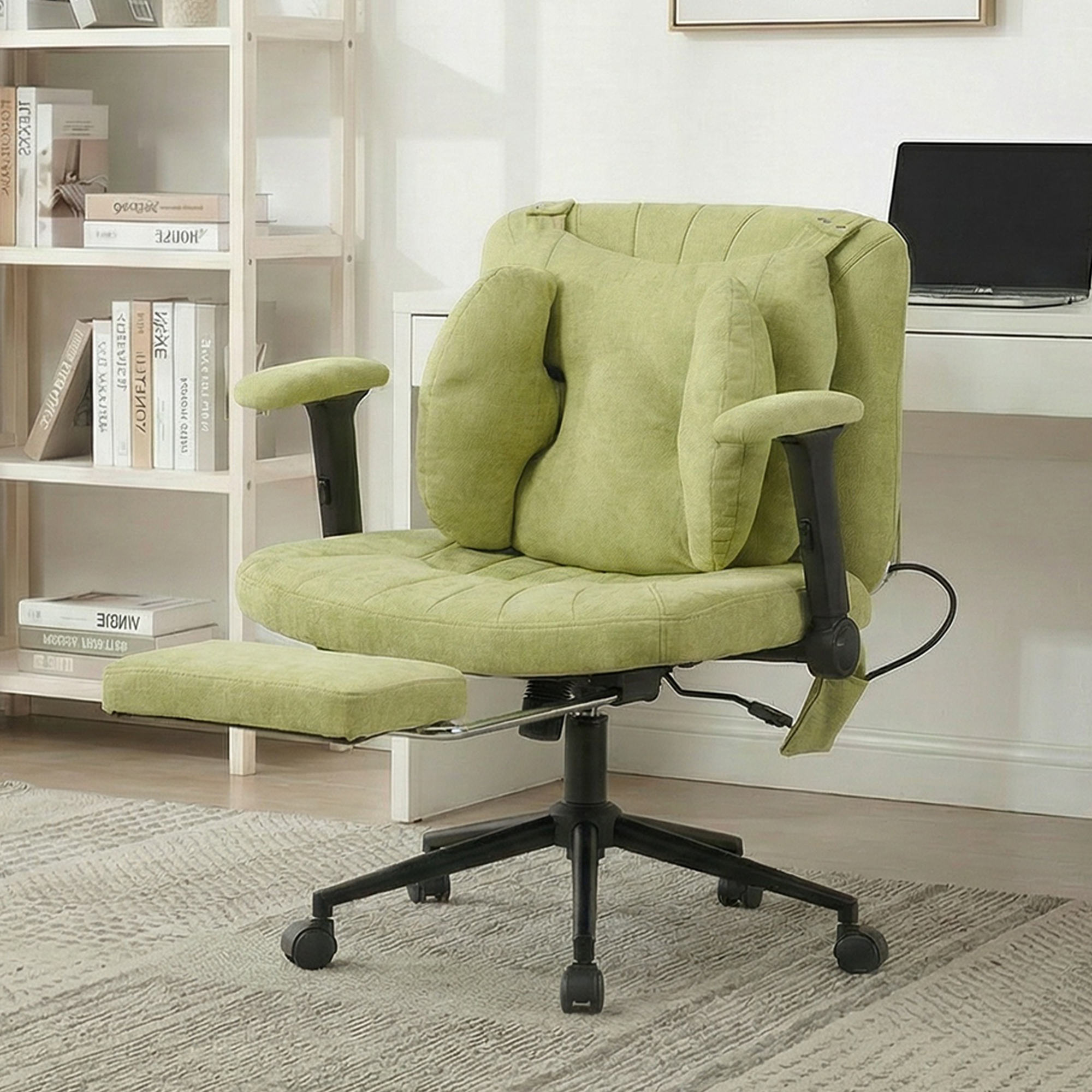Chaise De Bureau Pivotante Réglable Avec Repose-pieds, Tissu Vert, Accoudoirs, Redom