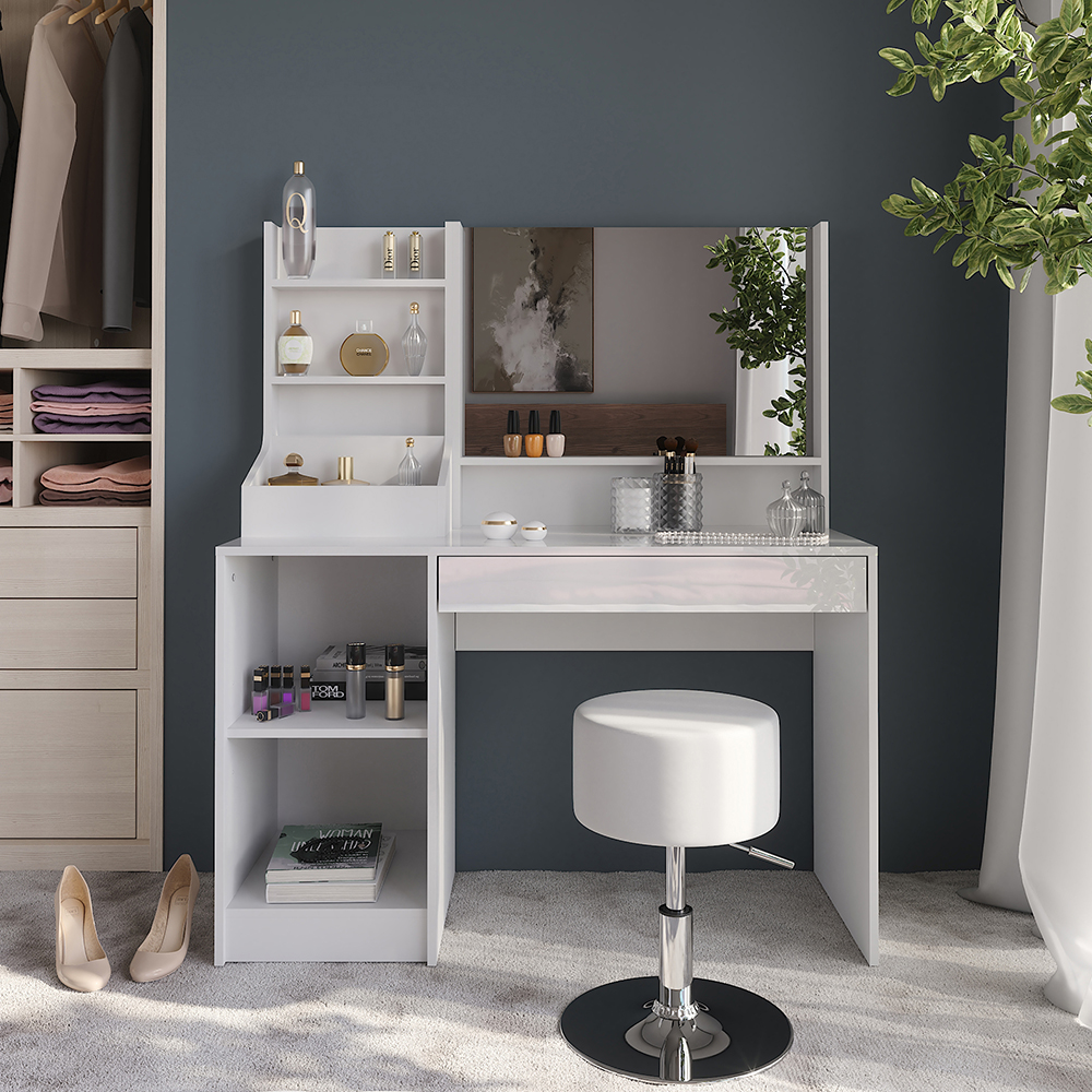 Coiffeuse Sherry, Blanc/blanc Haute Brillance, 119.8cm Avec Miroir Et Tabouret, Vicco