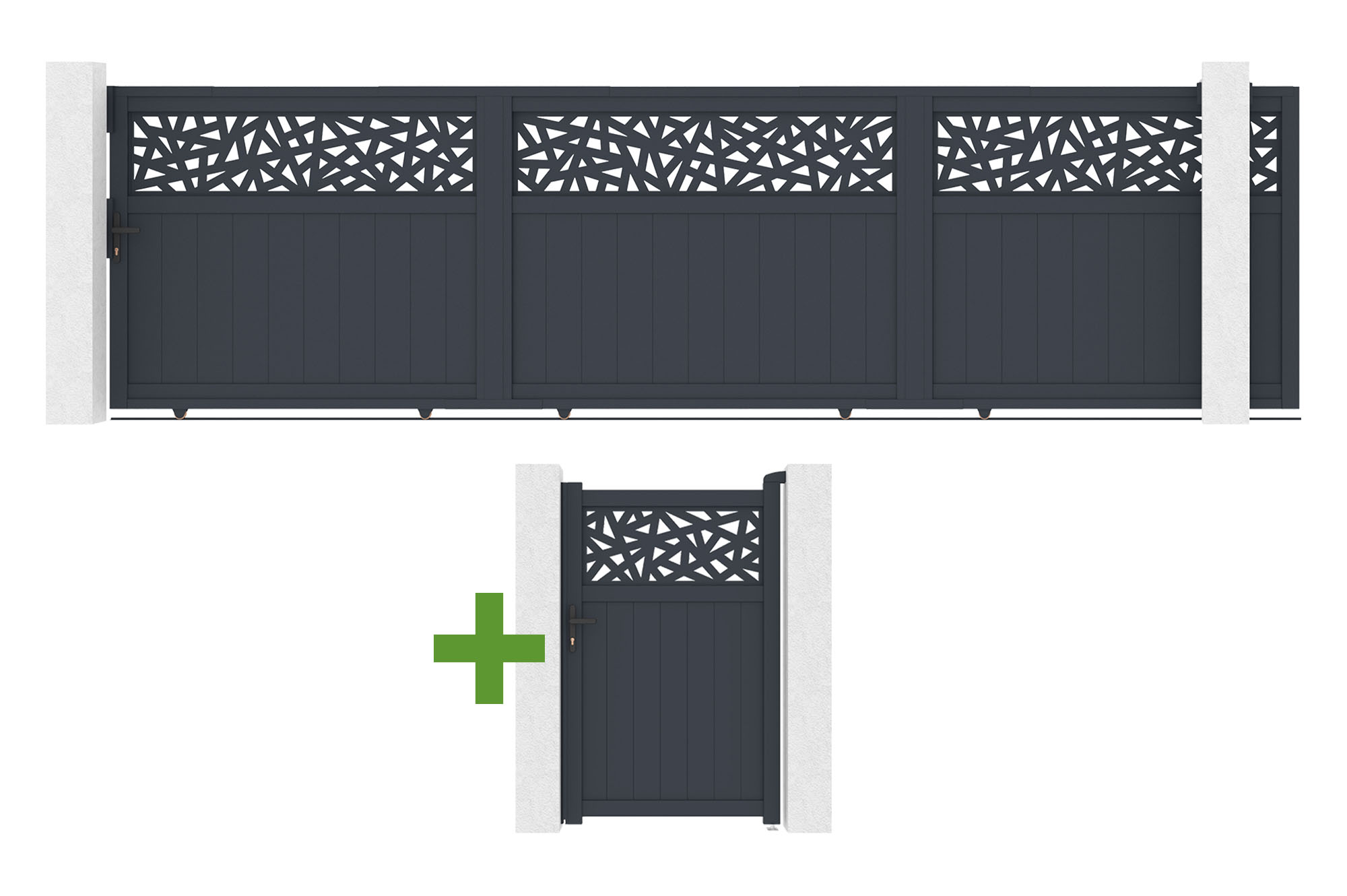 Portail Coulissant 5m Dolomite Ruivo H.160cm Aluminium Gris + Portillon 1m Dolomite Ruivo H.160cm Aluminium Gris