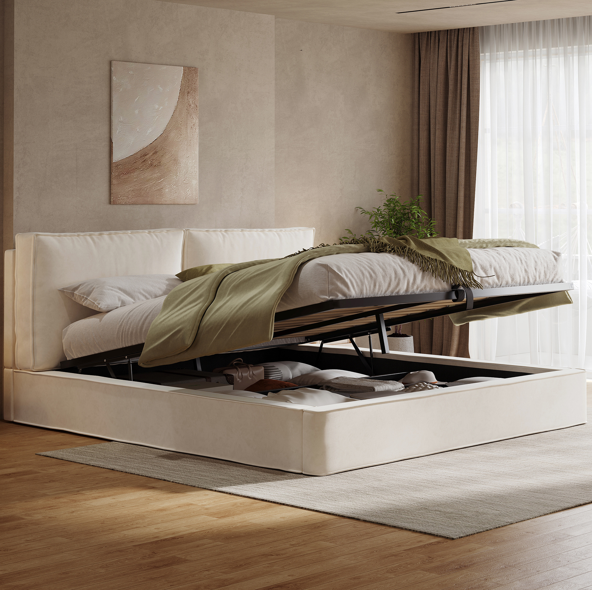 Redom - Lit Double 180x200 Cm Avec Rangement Hydraulique En Velours Beige (sans Matelas)