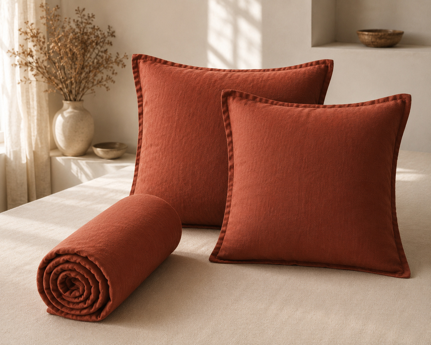 Parure Drap Housse 140 X 190 Cm + 2 Taies 60x60 Cm 100% Lin Français - Paprika