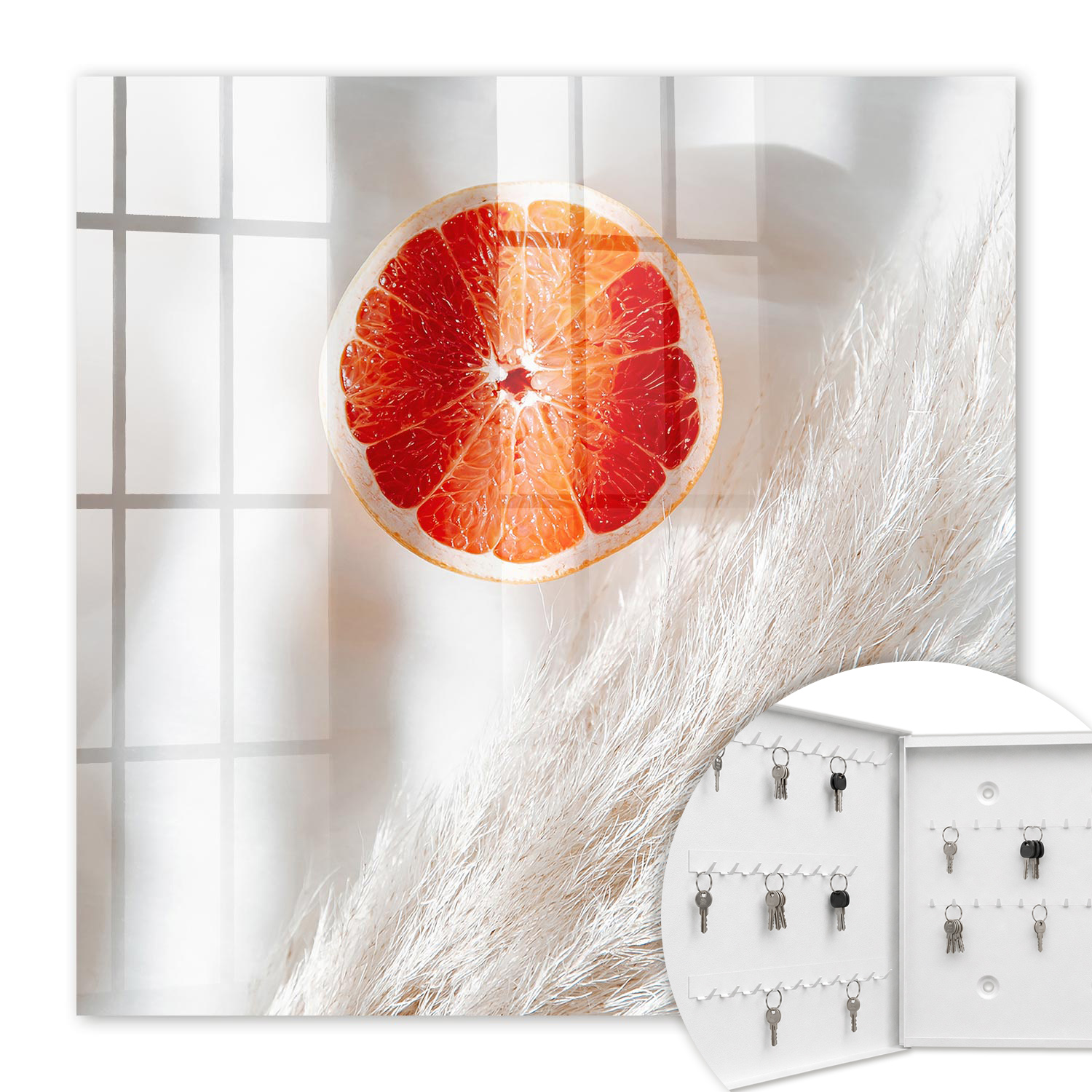 Armoire À Clés - (30 Cm X 30 Cm) - Boîte À Clés Murale - Coffret De Rangement Pour Clés - Couleur Blanche - Ouverture Vers La Gauche - Pour Maison Et Bureau - Pamplemousse Rouge Et Herbe Bohème
