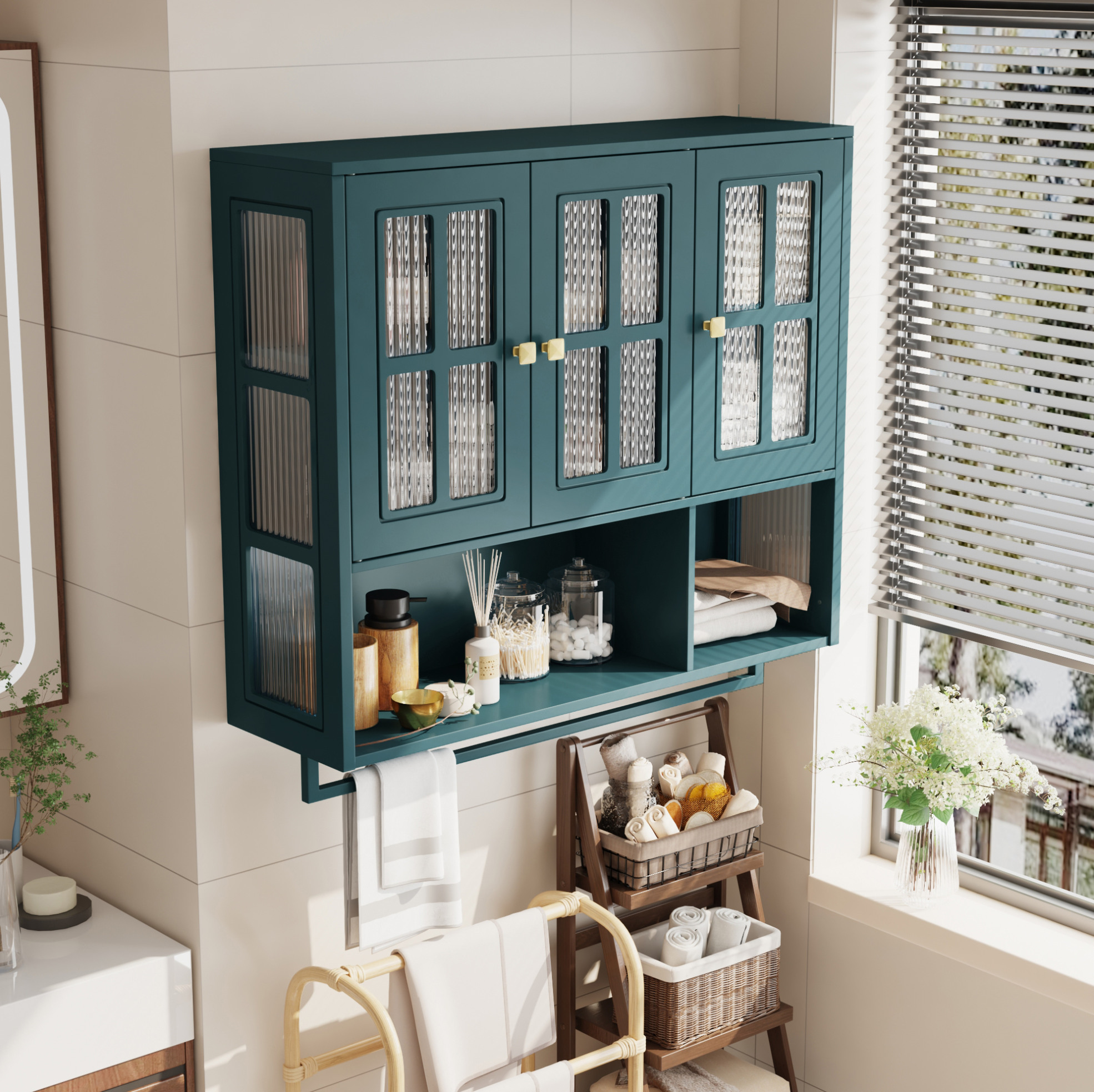 Redom - Meuble Mural 88x26x82.5 Cm, Style Minimaliste, Rangement Ouvert Et Fermé, Verre Trempé, Mdf, Vert Foncé