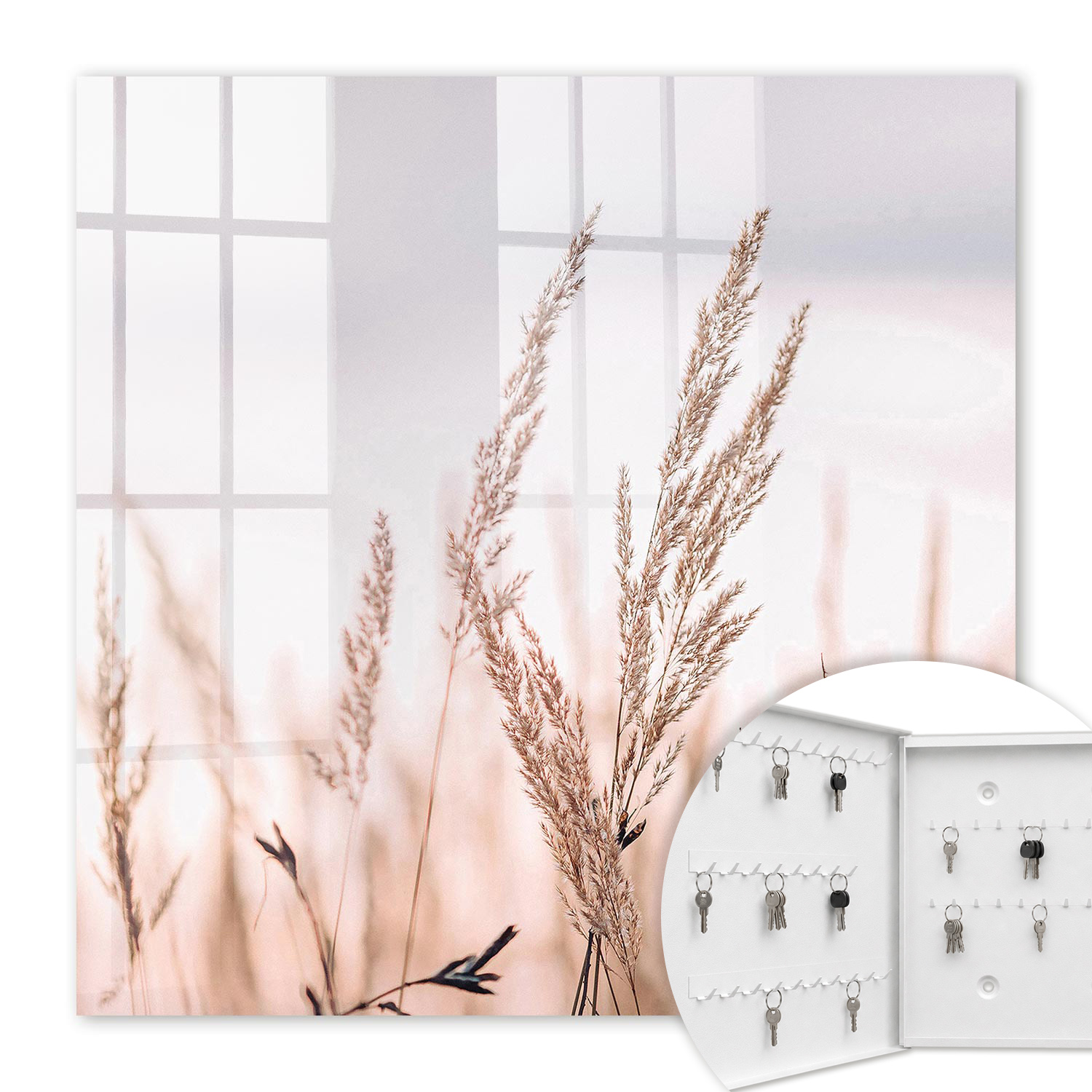 Armoire À Clés - (30 Cm X 30 Cm) - Boîte À Clés Murale - Coffret De Rangement Pour Clés - Couleur Blanche - Ouverture Vers La Gauche - Pour Maison Et Bureau - Herbes Dans Le Vent