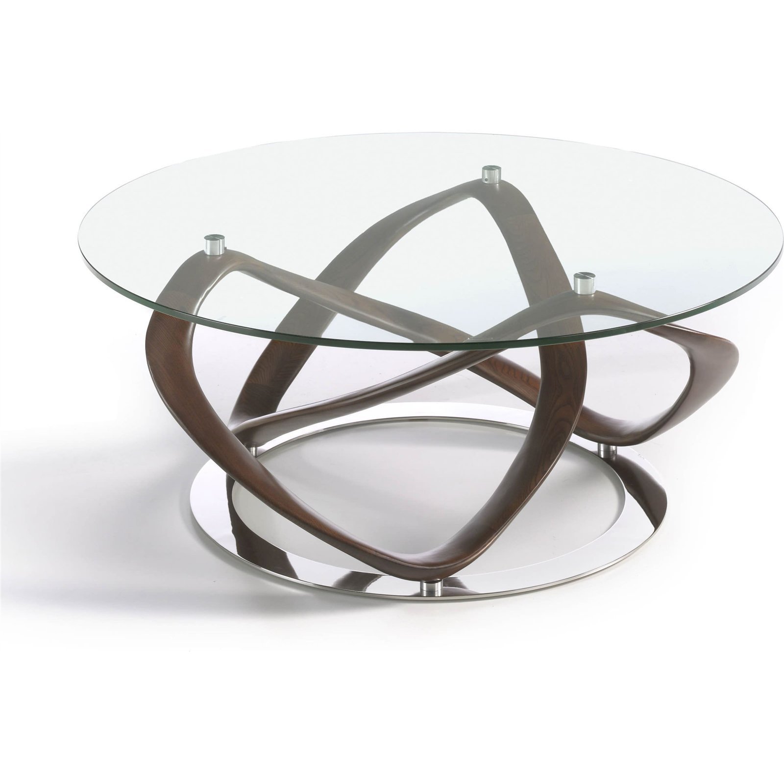 Table Basse Ronde Plateau Verre Structure Courbée Bois Massif Base Ronde Acier Chromé - Noyer, Acier