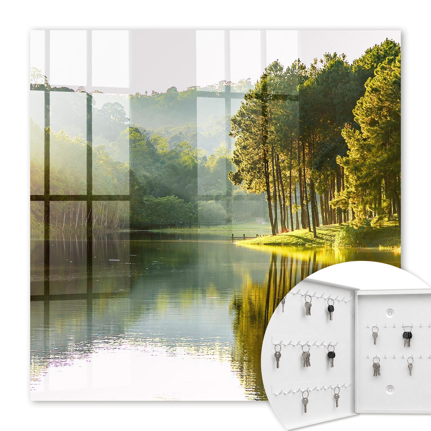 Armoire À Clés - (30 Cm X 30 Cm) - Boîte À Clés Murale - Coffret De Rangement Pour Clés - Couleur Blanche - Ouverture Vers La Gauche - Pour Maison Et Bureau - Paysage Vert