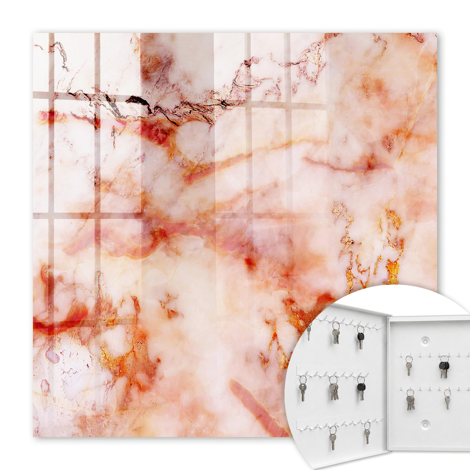 Armoire À Clés - (30 Cm X 30 Cm) - Boîte À Clés Murale - Coffret De Rangement Pour Clés - Couleur Blanche - Ouverture Vers La Gauche - Pour Maison Et Bureau - Motif Marbré