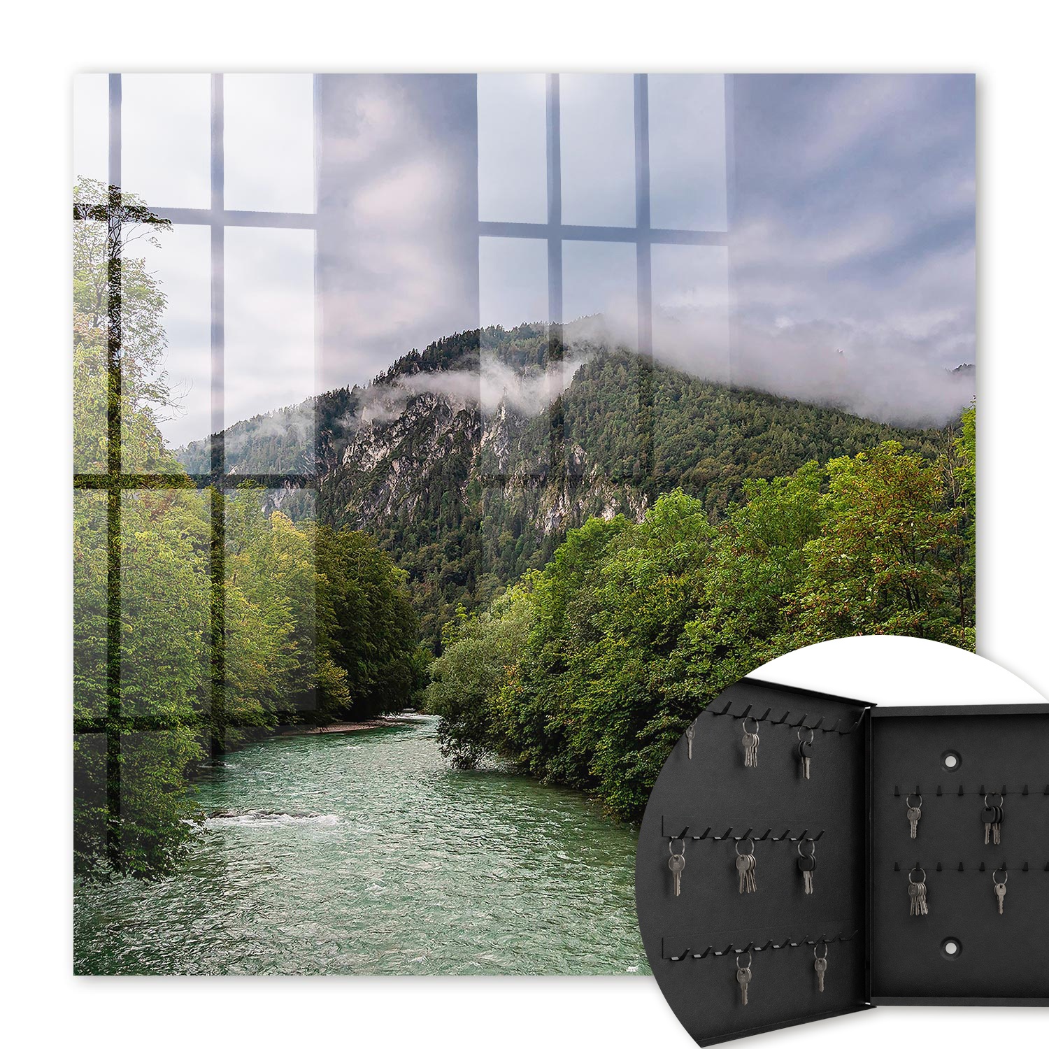 Armoire À Clés - (30 Cm X 30 Cm) - Boîte À Clés Murale - Coffret De Rangement Pour Clés - Couleur Noire - Ouverture Vers La Gauche - Pour Maison Et Bureau - Paysage De Montagne