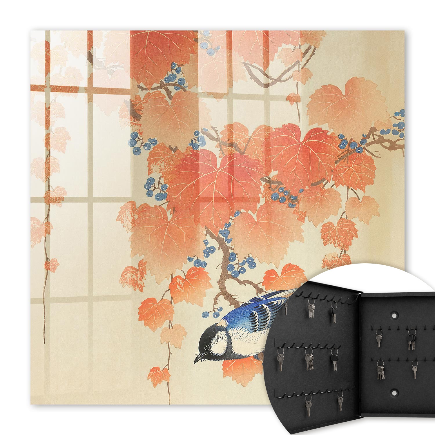 Armoire À Clés - (30 Cm X 30 Cm) - Boîte À Clés Murale - Coffret De Rangement Pour Clés - Couleur Noire - Ouverture Vers La Gauche - Pour Maison Et Bureau - Oiseau Et Feuilles