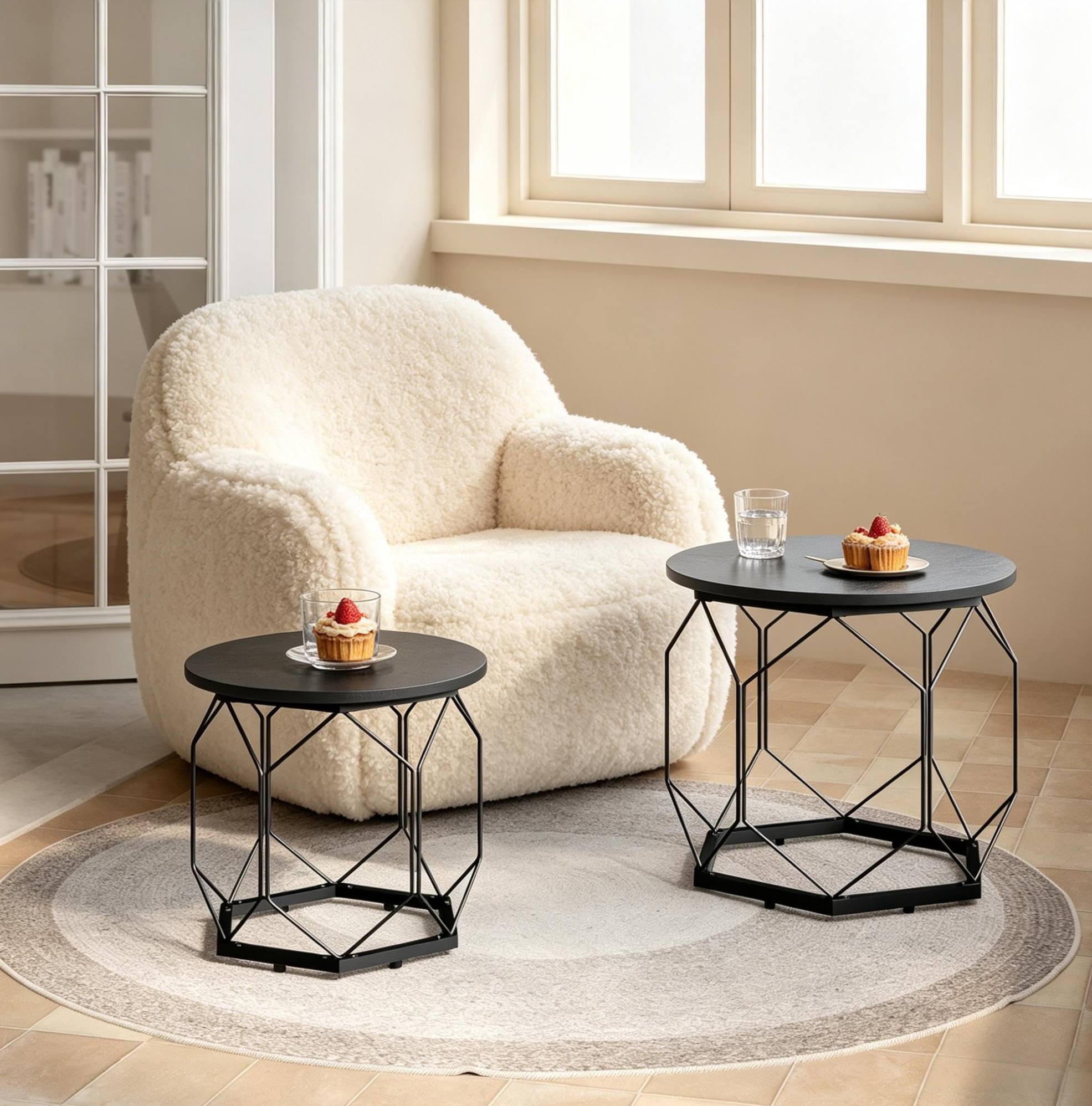 Set De 2 Tables Basses Rondes Avec Plateau Amovible, Bois E1 Et Métal Redom