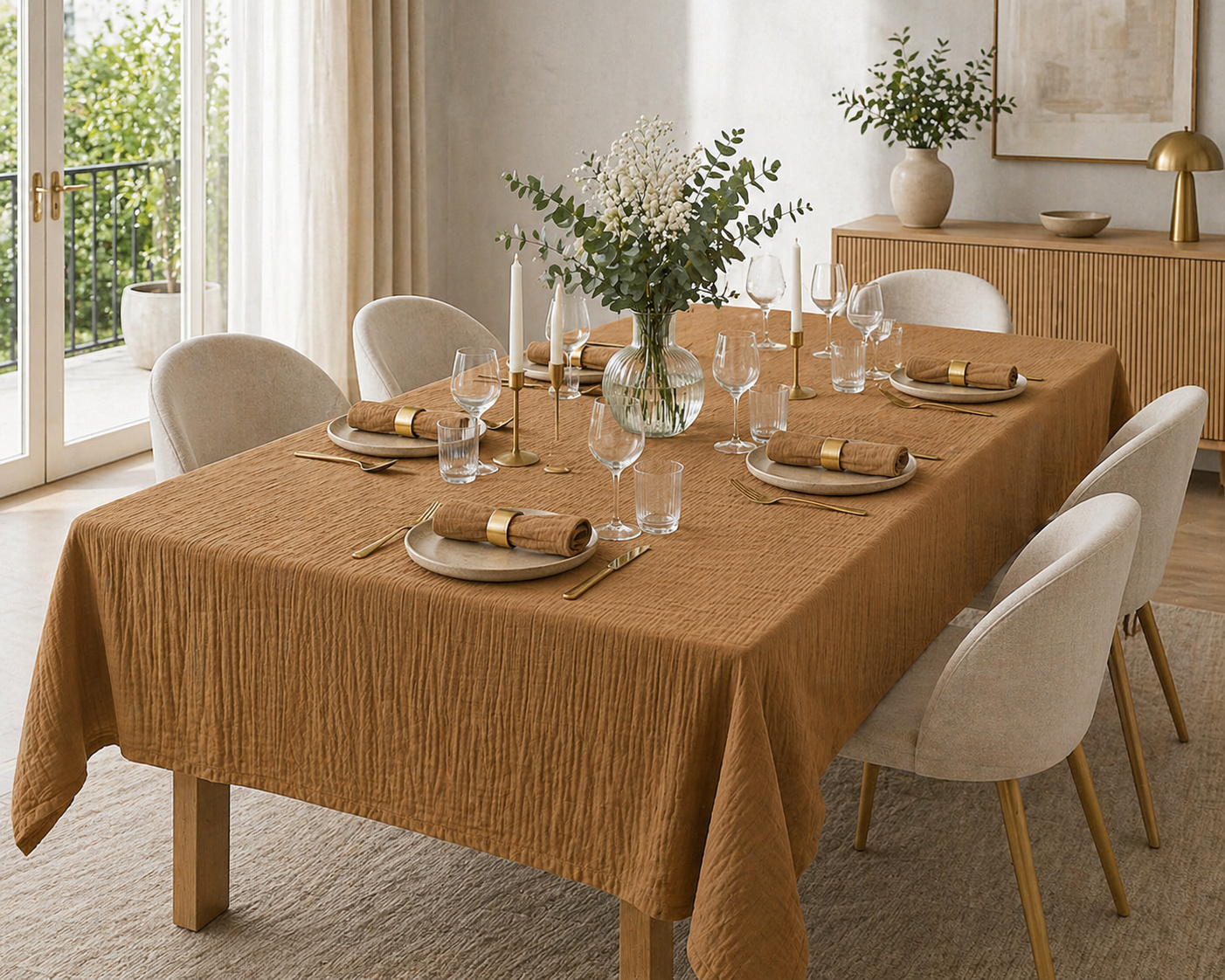 Nappe Rectangle 150 X 350 Cm + 6 Serviettes De Table - Double Gaze De Coton Gaïa Camel