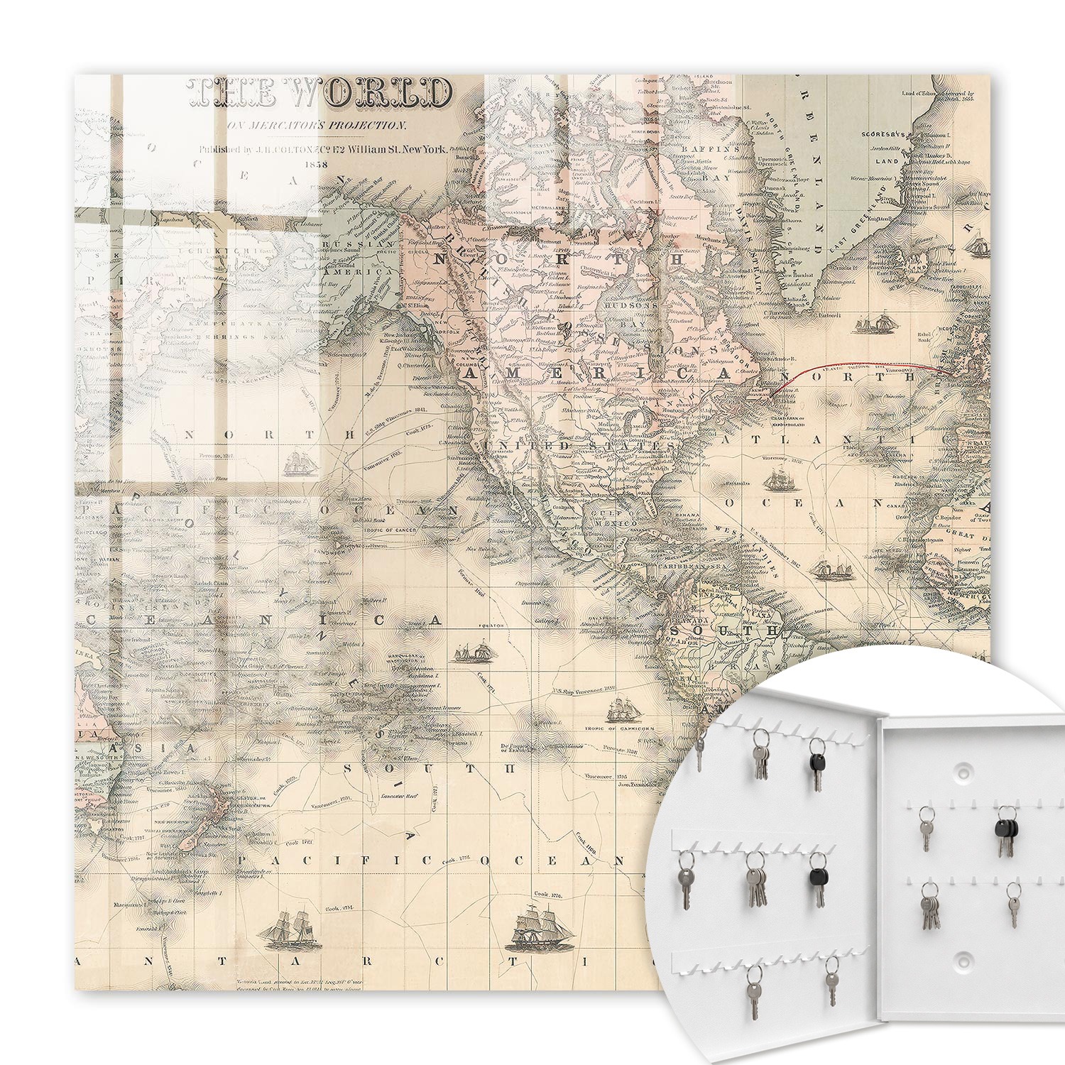 Armoire À Clés - (30 Cm X 30 Cm) - Boîte À Clés Murale - Coffret De Rangement Pour Clés - Couleur Blanche - Ouverture Vers La Gauche - Pour Maison Et Bureau - Carte Du Monde