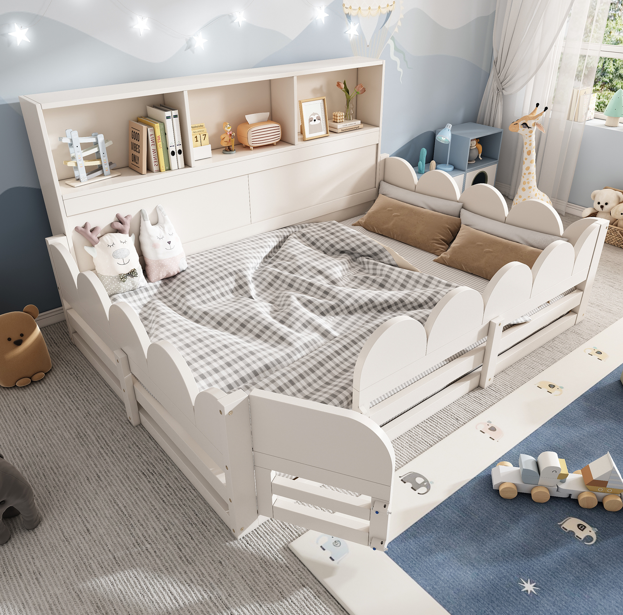 Lit Au Sol Enfant 140x190 Cm Blanc Avec Barrière, Porte Et Étagère, Bois