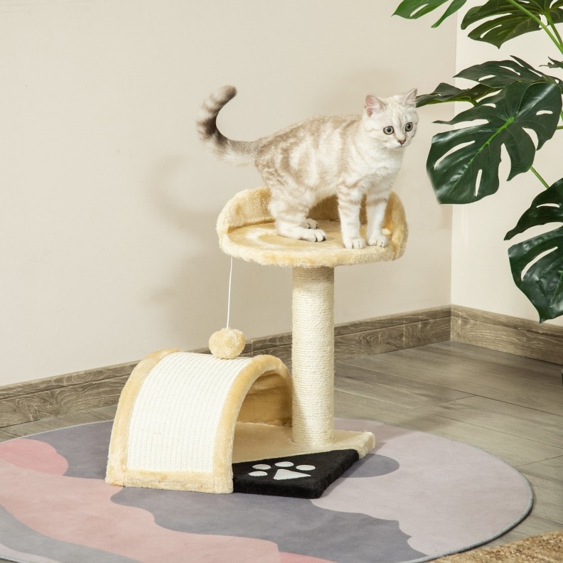 Arbre À Chat Beige Avec Balle, Poteaux En Sisal, Plateforme Et Niche 35,5 X 37 X 46 Cm