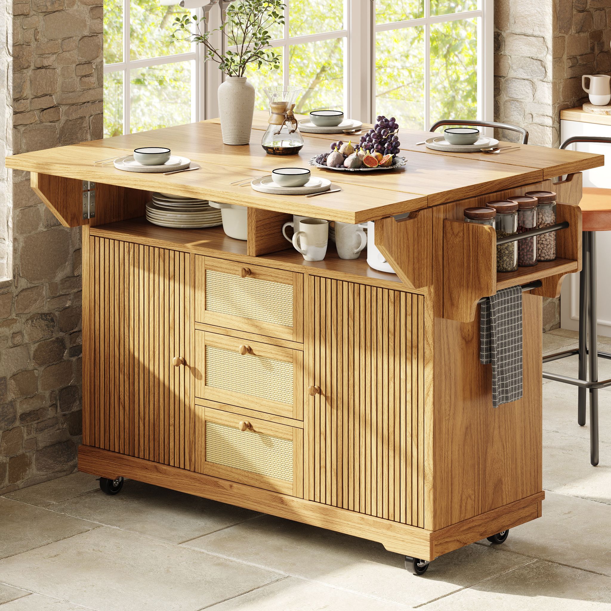 Îlot De Cuisine 142.5x80x95 Cm, Plateau Rabattable, Rangement Spacieux, Mdf, Bois Naturel