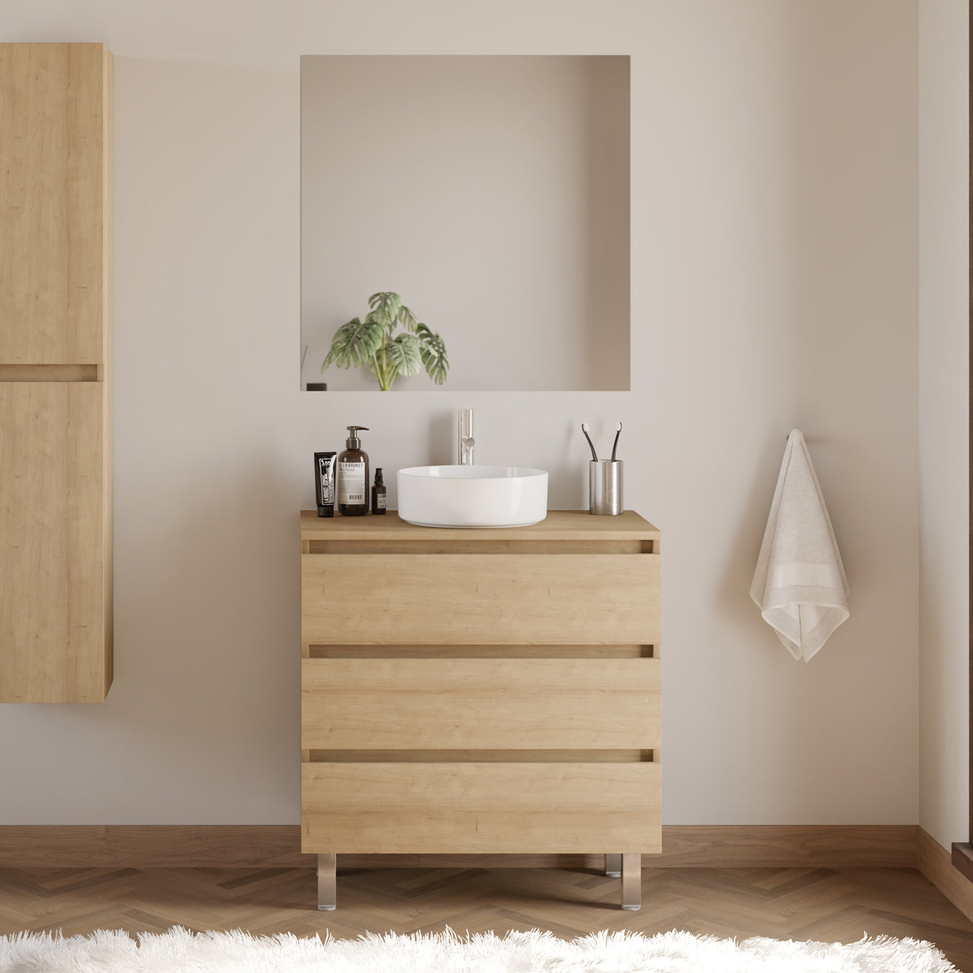 Meuble De Salle De Bain 70cm Avec Plateau Et Vasque À Poser Ronde - 3 Tiroirs - Nebraska (chêne Clair) - Mayor