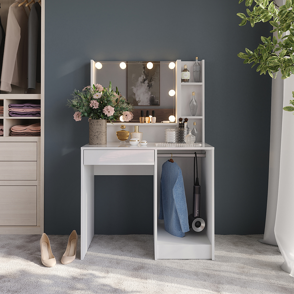 Coiffeuse Sherry, Blanc/blanc Haute Brillance, 89.8cm Avec Miroir, Vicco