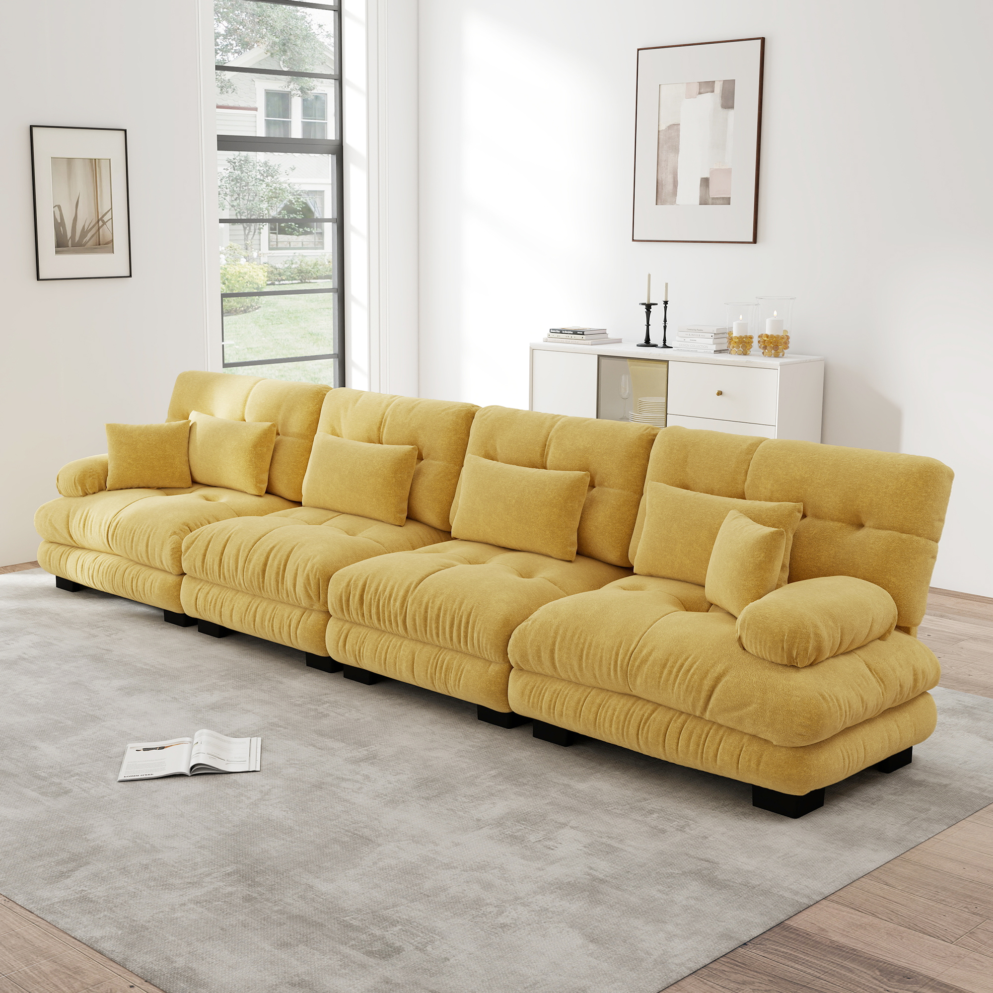 Redom Canapé Modulaire, Assise Profonde, Accoudoirs Rembourrés Arrondis, Coussins Décoratifs, Chenille Jaune