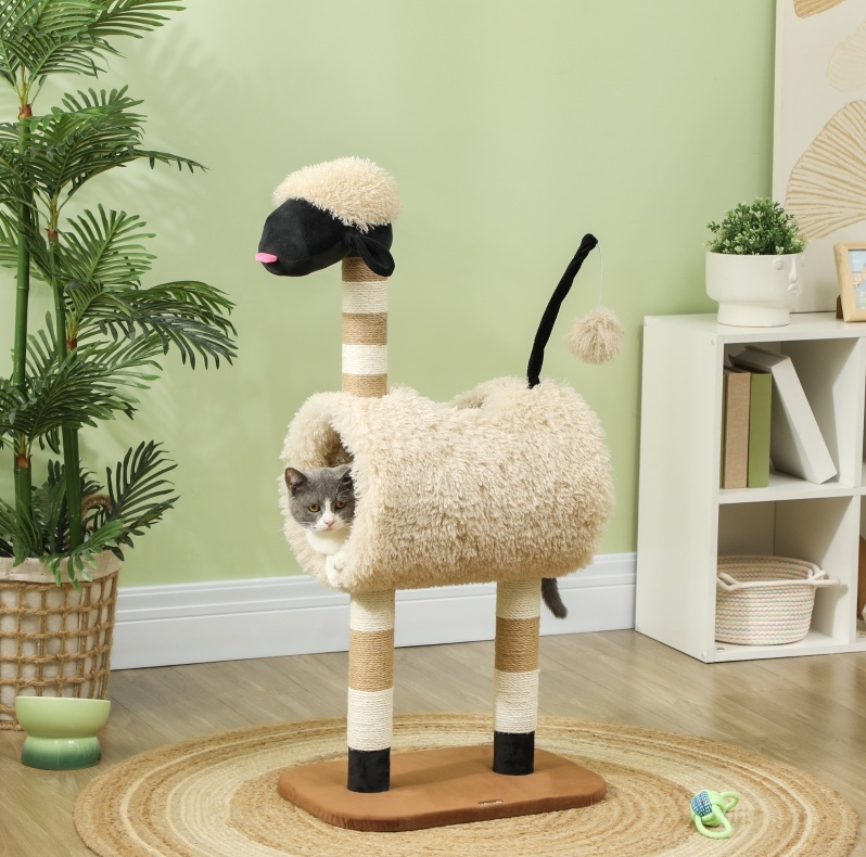 Arbre À Chat En Forme De Mouton, Avec Griffoirs, Tunnel Et Jouet, 98 Cm, Brun Clair