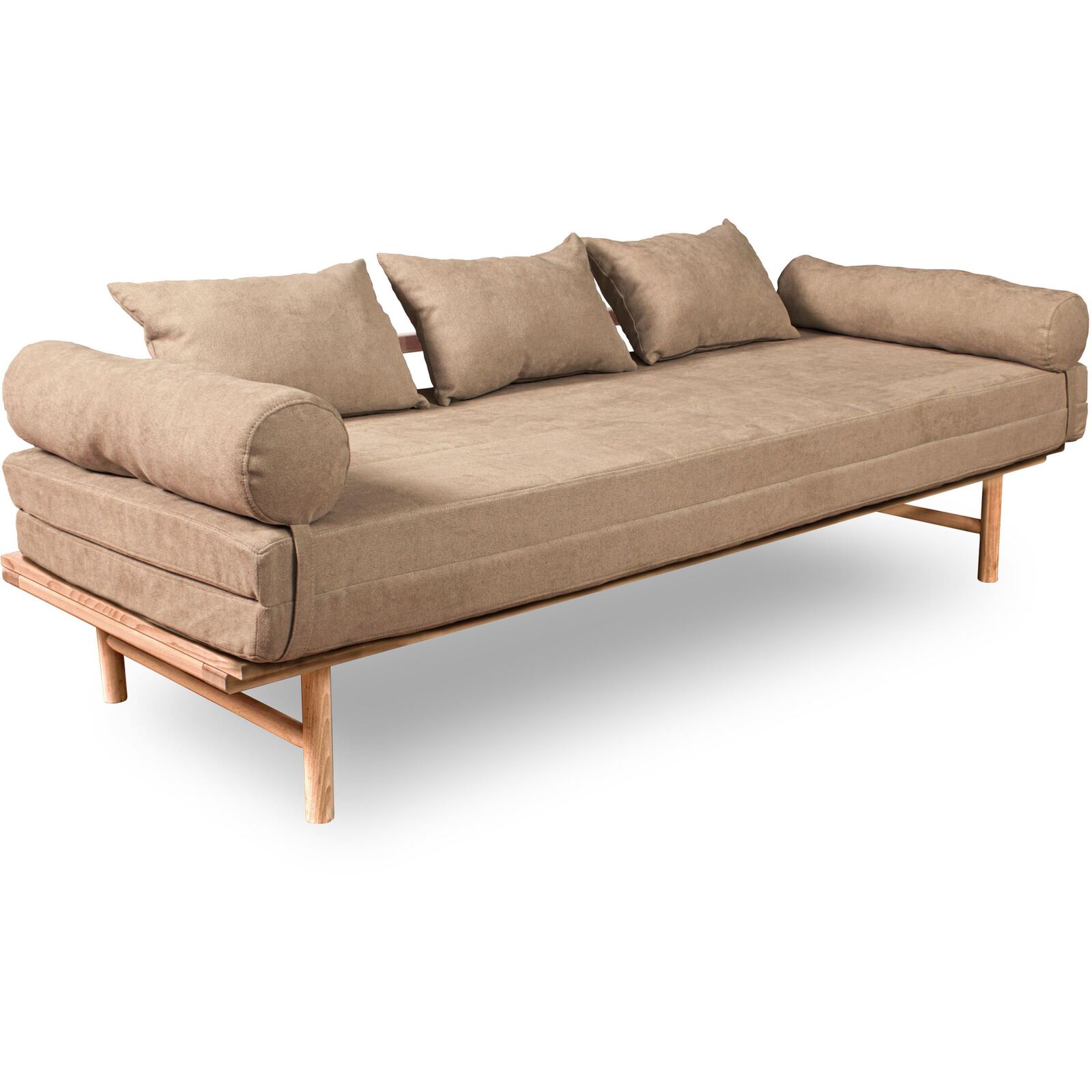 Canapé Lit Convertible Design En Tissu Beige Et Bois - 140 X 200 Cm - Bois Clair Et Beige