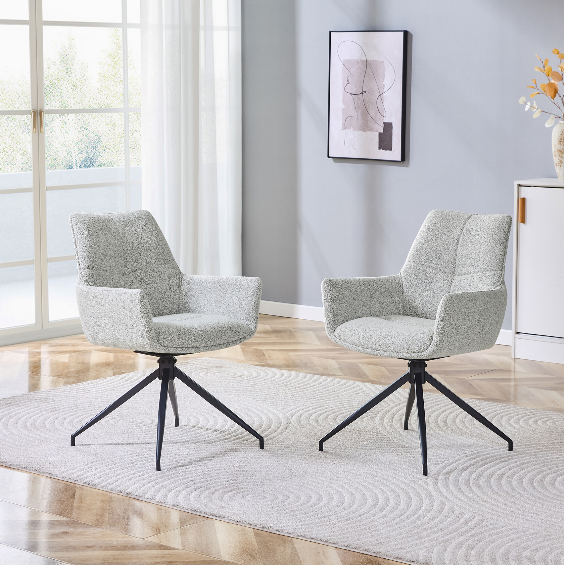 Redom - Lot De 2 Chaise De Salle À Manger Pivotante 360°, Accoudoirs Enveloppants, Rembourrage En Mousse, Tissu Gris Clair Et Métal Noir