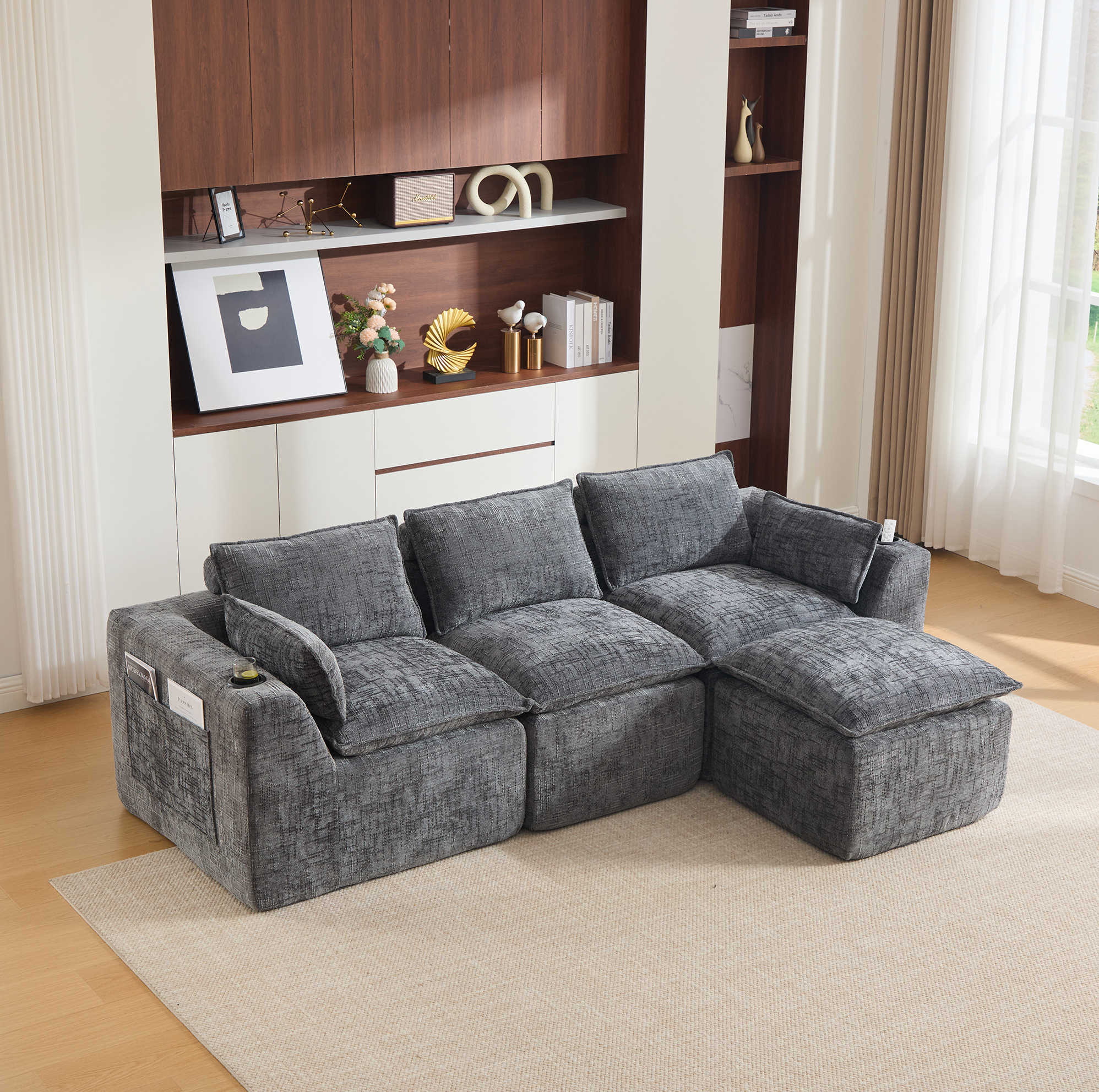 Redom - Canapé Modulaire 3 Places 256x161x75 Cm, Avec Repose Pieds, Coussins Et Poches Latérales, Chenille Gris Foncé