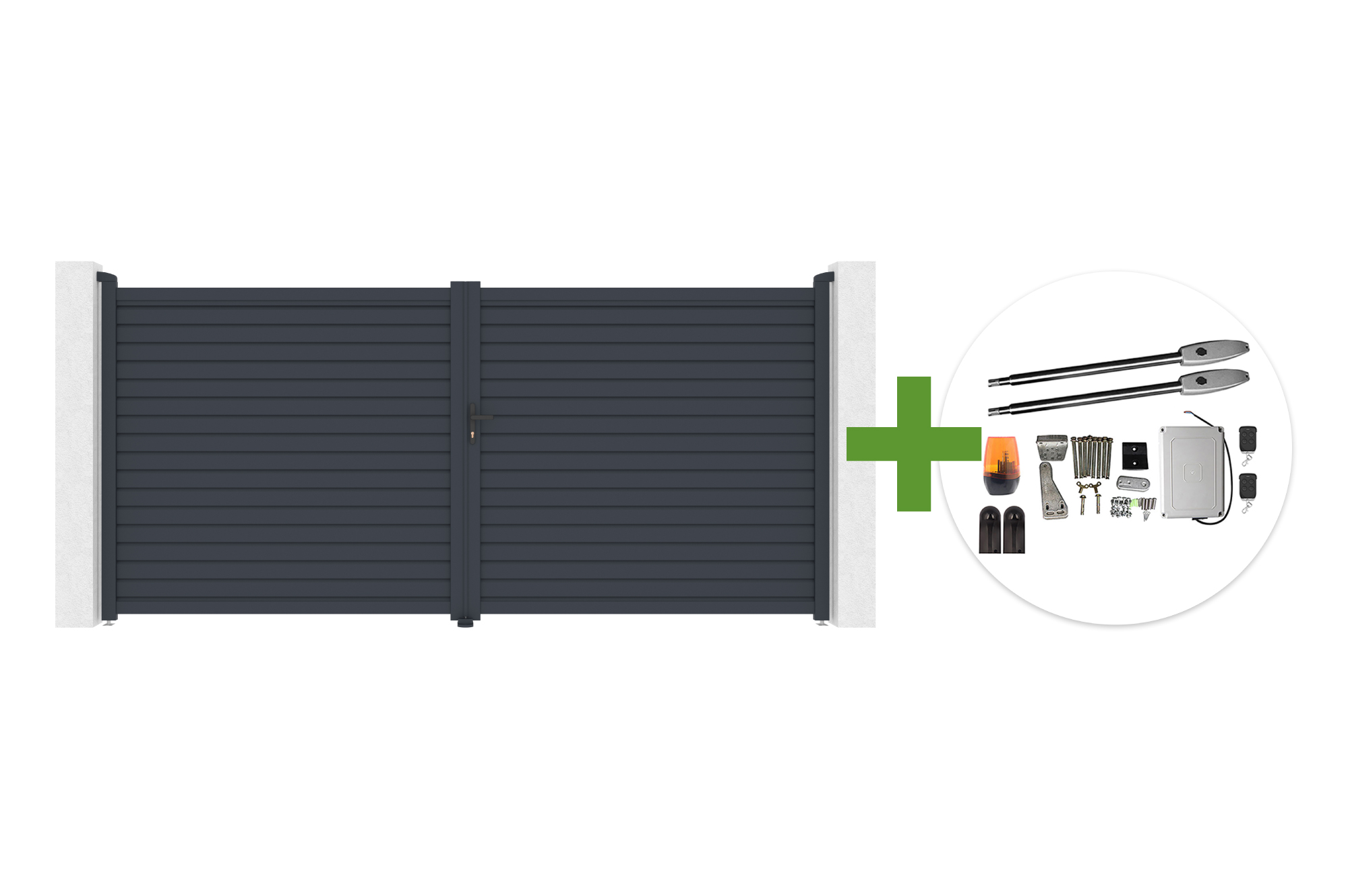 Portail Battant 4m Calancia H.180cm Lames Persiennes Aluminium Gris + Moteur Tanker B250