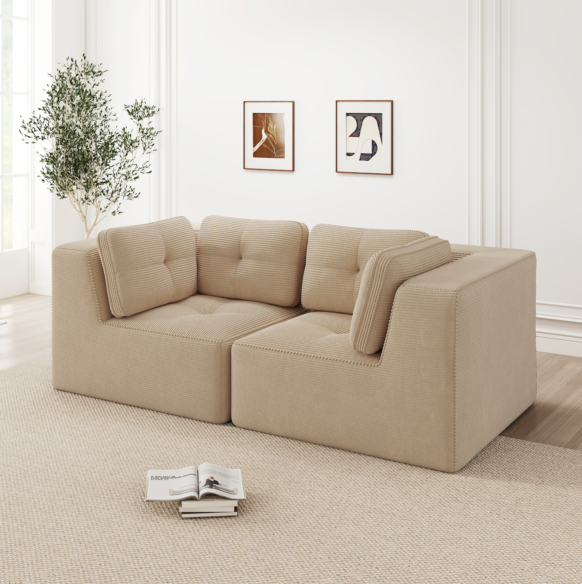 Redom - Canapé D'Angle Modulaire 2 Places, Sans Cadre, Assise Profonde, Tissu En Velours Côtelé Beige